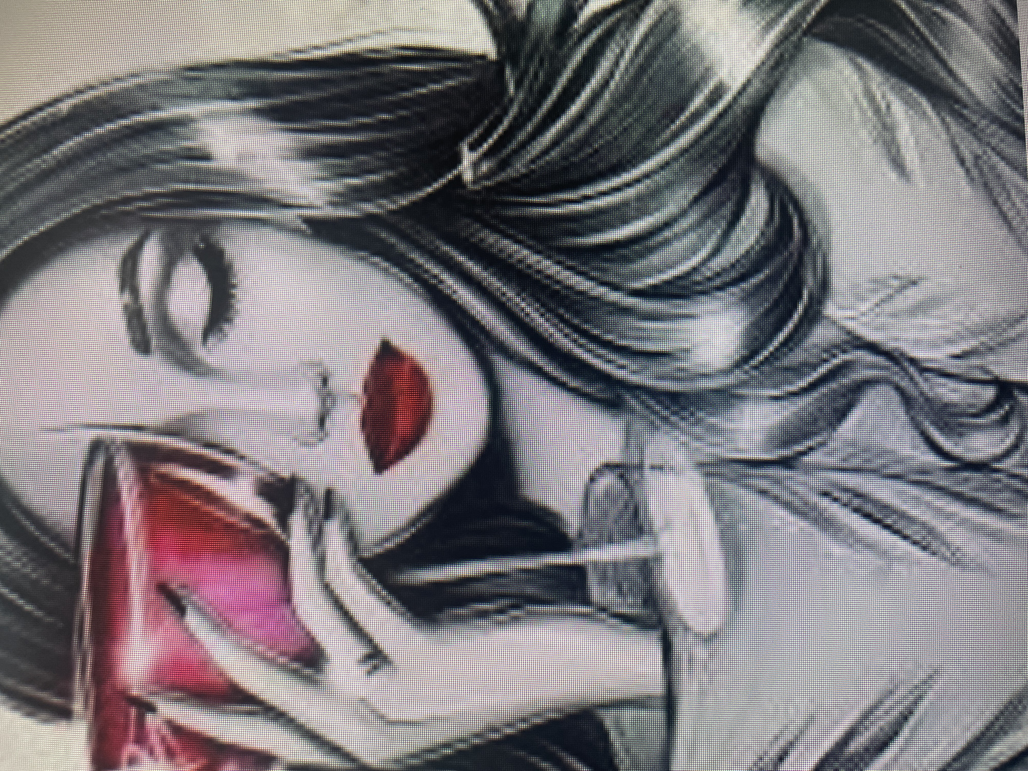 A black and white illustration features a woman with striking red lips and closed eyes, holding a pink martini glass to her face. Her dark hair cascades around her shoulders, and she is wearing a light-colored, draped garment. The background is indistinct, suggesting an indoor setting with soft lighting.