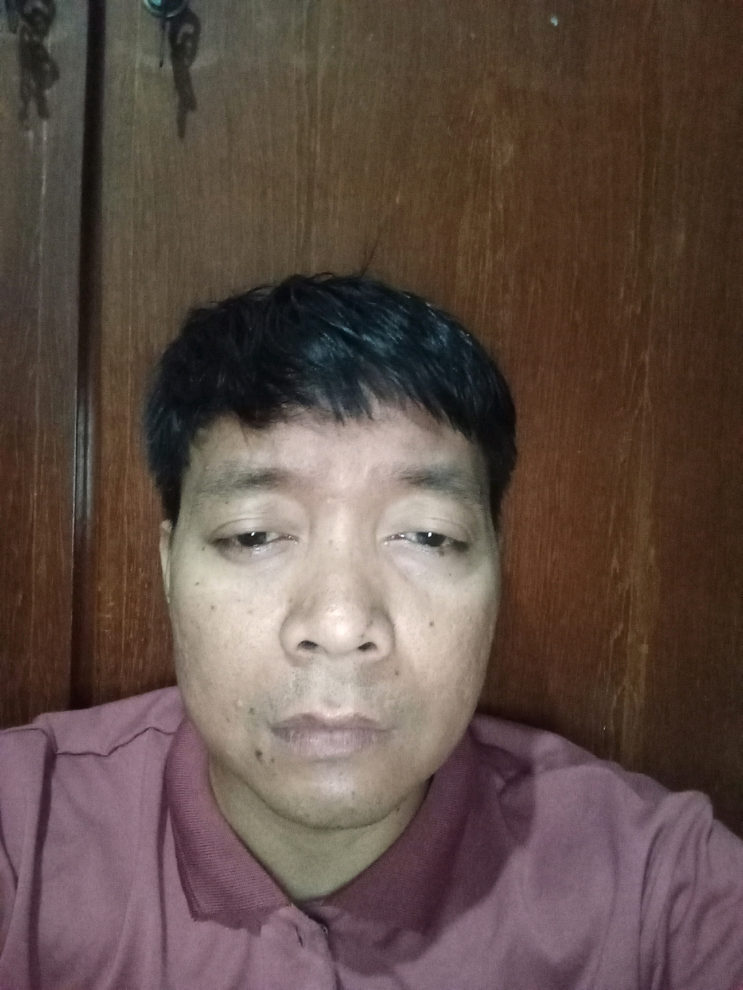 A close-up, head-and-shoulders portrait of a person is captured against a wooden background. The individual, with dark hair and a neutral expression, wears a reddish-purple collared shirt. The lighting appears to be ambient, originating from the front, casting subtle shadows. The background is a vertical wooden surface, possibly a door or wall panel, with visible grain and texture. Several keys are hanging on the left side of the frame, attached to what appears to be a hook or nail. The image is static, with no discernible action or interaction taking place. The setting does not provide any specific clues to indicate it is located in Bandung City, Indonesia.