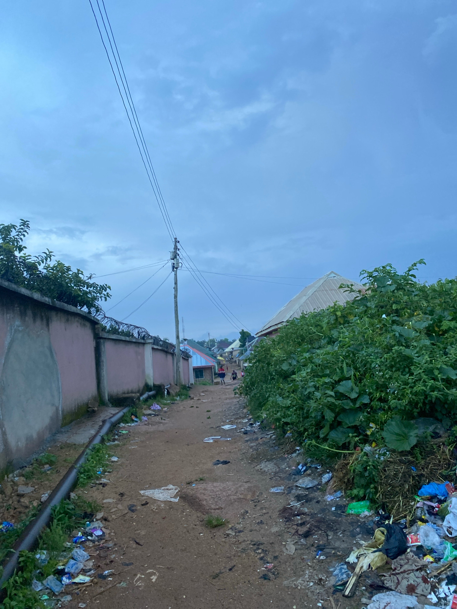 This image depicts a narrow, unpaved dirt road running through a residential area, likely in the city of Jos, Nigeria. The sky is overcast with heavy, grey clouds. On the left side of the road, a high, pink-tinted concrete wall topped with barbed wire runs for a considerable length, overgrown in places with green foliage. A large black pipe runs along the base of this wall.
The road itself is littered with a significant amount of trash, including plastic bags, wrappers, and general refuse, particularly concentrated on the right side where it accumulates near dense, green vegetation. This vegetation, possibly including large-leafed plants and vines, grows exuberantly along the right edge of the road.
Further down the road, several buildings are visible. One building on the right has a light-colored, peaked roof. On the left side, distant structures appear to be houses or dwellings. A utility pole with visible electrical wires stands near the center of the frame, contributing to the overall infrastructure of the area.
Several people are present on the road, appearing as small figures in the distance. Two individuals are walking away from the camera, and further ahead, a small group of people are also visible, suggesting activity and movement within this community. The overall impression is one of a somewhat neglected urban environment, characterized by a mix of residential structures, basic infrastructure, and the presence of waste.