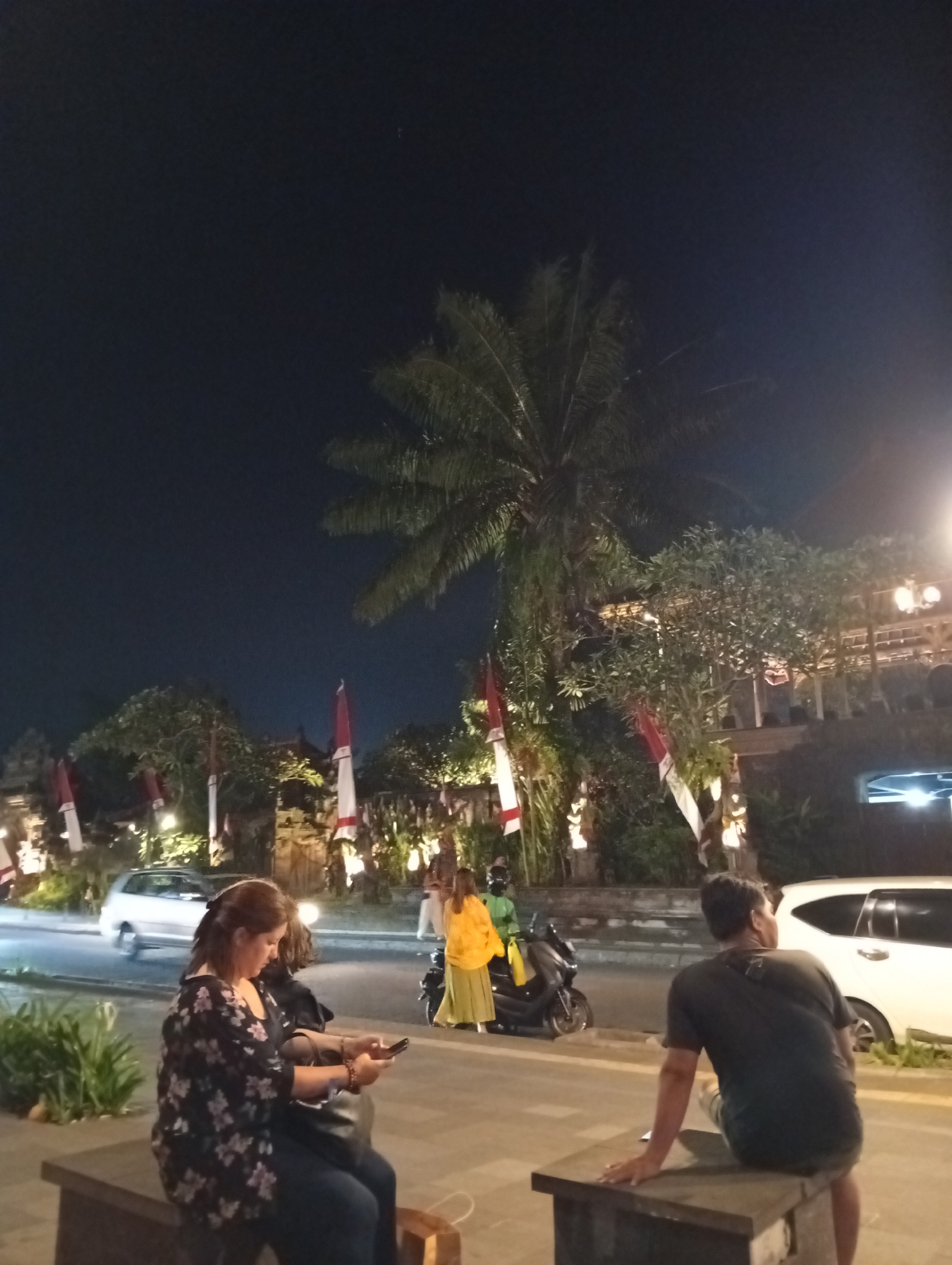 An outdoor, nighttime scene captures a street in Ubud, Indonesia, with a dark sky and artificial lighting illuminating the area. In the foreground, two individuals are seated on a wooden bench. A woman in a floral-patterned shirt and dark pants is looking at her smartphone. Beside her, another person, whose face is not visible, is also seated on the bench.
Across the street, several elements suggest a bustling environment. A white car is visible on the left side of the road, and a motorbike is parked on the right. Two people are near the motorbike; one is wearing a yellow top and a light-colored skirt, and the other is partially obscured. Red and white flags, possibly representing Indonesia, are displayed along the roadside, some of them attached to poles. Palm trees and other foliage are present, and a building with warm lighting is visible in the background, suggesting a commercial or entertainment area. The overall impression is of a lively evening in a town.
