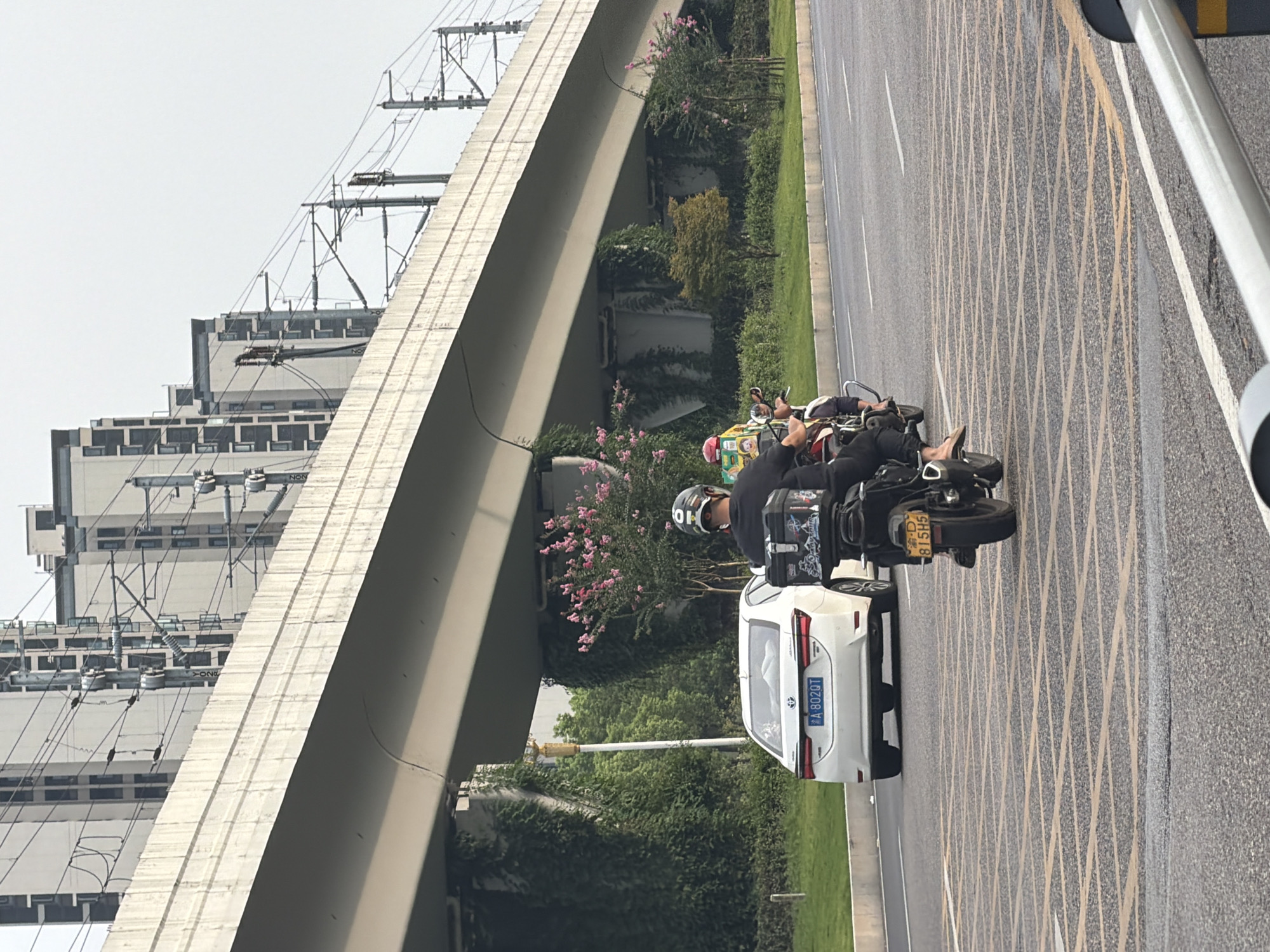 In Jiangjin, China, on a cloudy day, a white sedan with license plate "A 802QT" is parked on the right side of a multi-lane road, partially obscured by a dark-colored motorcycle carrying two individuals. The motorcycle, with license plate "A 815H5," is positioned in front of the sedan and is also facing away from the camera, with its rider wearing a helmet. The road is marked with yellow grid lines. In the background, an elevated concrete structure, likely an overpass, spans the roadway, with apartment buildings and power lines visible beyond it. The sides of the overpass and its supporting pillars are covered in green ivy, and there are scattered pink flowering plants. The overall scene depicts urban traffic on a street in Jiangjin, China.