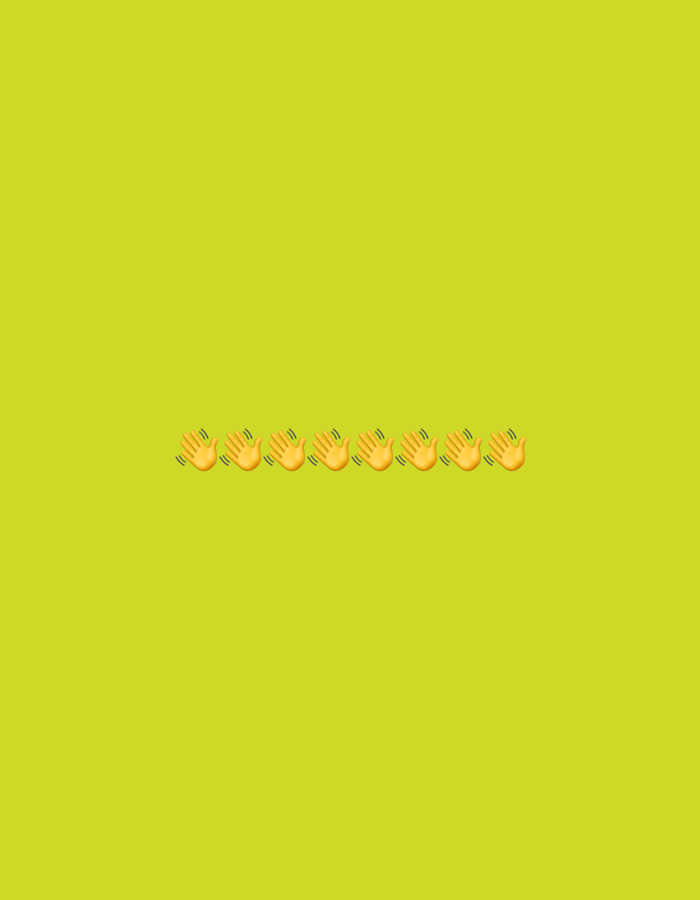 The image contains a light green background with a row of six waving hand emojis centered horizontally near the bottom of the frame. There are no people, objects, or environmental elements present that would suggest a location in the city of Gorzow, Poland.