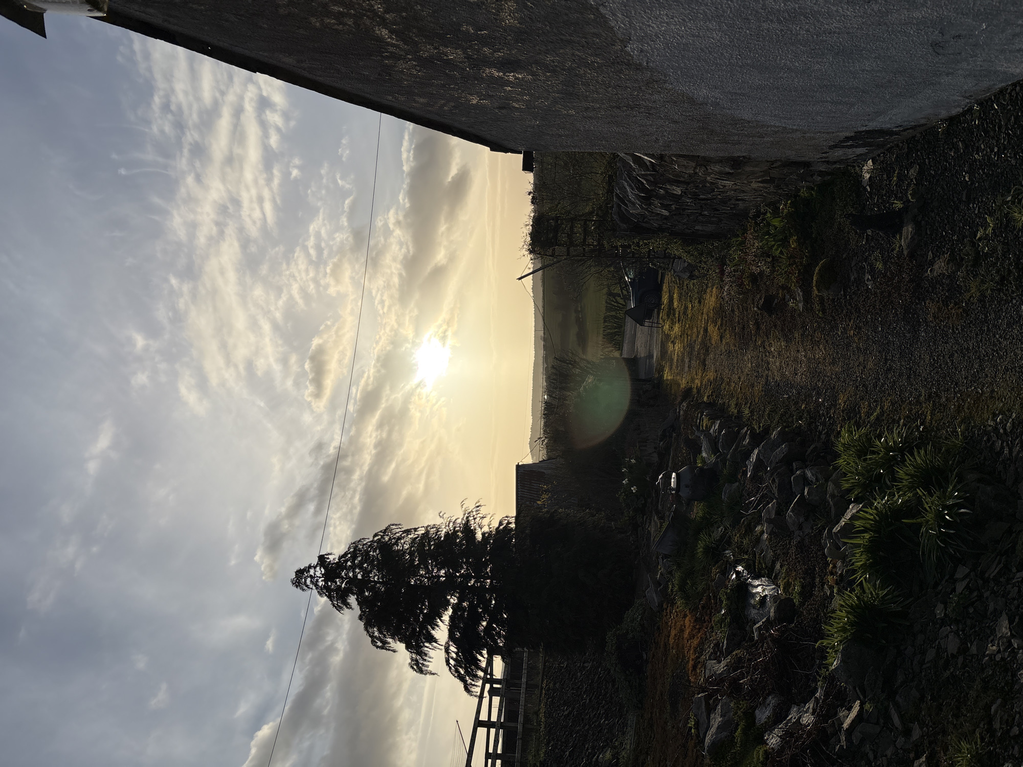 The image displays a rural scene under a partly cloudy sky, characteristic of sunrise or sunset, in the vicinity of Stiperstones, United Kingdom. The sun, a bright luminous disc, is low in the sky, positioned left of center, generating a significant lens flare. A large, dark conifer tree stands prominently on the left, silhouetted against the bright light. Behind the tree and to its left, a wooden fence with horizontal rails is visible atop an earthen bank. Below this bank, the foreground features a rocky terrain interspersed with green vegetation, including small tufts of foliage and at least one white flower, near which a dark, kettle-shaped metal object rests. A thin power line stretches horizontally across the upper-mid section of the frame. On the right, the light-colored, textured, rendered wall of a building occupies the foreground, extending vertically out of frame. Parallel to the unpaved, gravel-like path leading into the distance, a dry-stone wall runs from the mid-ground towards the background. A dark vehicle is partially visible beyond the dry-stone wall, to the right of the path. In the distance, a flat, open landscape of fields and low hills is discernible under the hazy sky, with a corrugated metal structure partially visible behind the conifer tree. No individuals are present.