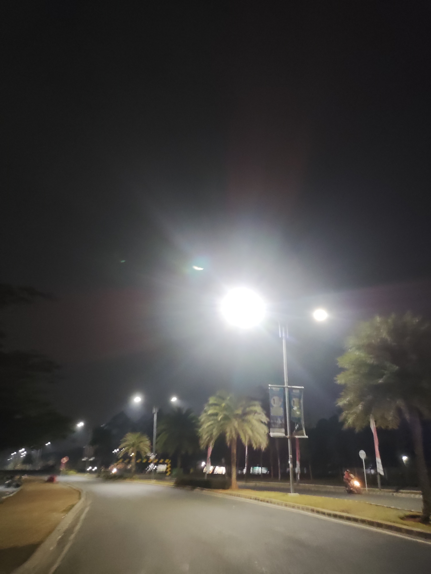 The image shows a nighttime street scene in Telagamurni, Indonesia. A wide, paved road curves through the frame, illuminated by streetlights. On the left side of the road, there is a sidewalk and a grassy area with some trees. On the right side, there are more trees, including palm trees, and flags or banners attached to poles. In the distance, a motorcycle with its headlight on is visible on the road. The sky is dark and hazy. The overall impression is of a well-lit urban or suburban street at night.