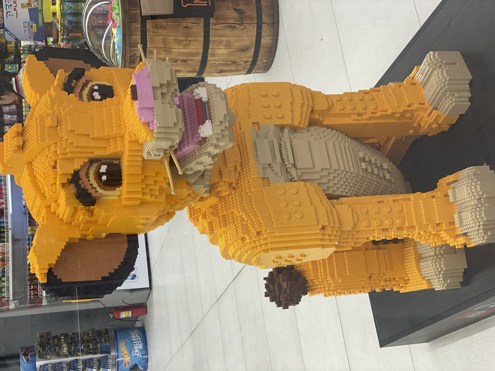 Here's a detailed description of the image:
**Subject:** The primary subject is a large, life-sized sculpture of Simba from "The Lion King," constructed entirely out of Lego bricks.
**Environment:** The sculpture appears to be located inside a retail establishment, likely a toy store or a department store with a dedicated toy section. In the background, shelves stocked with merchandise can be seen. The floor is tiled. A wooden barrel is also visible in the background, alongside a display case.
**Objects:** Besides the Lego Simba, one can observe toys and other products on shelves. A fire extinguisher is visible near the bottom of the image.
**Description:** The Lego Simba is depicted in a lying-down position. The sculpture uses a variety of Lego brick colors to represent Simba's fur, mane, and facial features. Its tail rests on a display platform.
**Additional details based on title:** As per the title of the image, this is likely located in a city of Kokshetau, Kazakhstan.