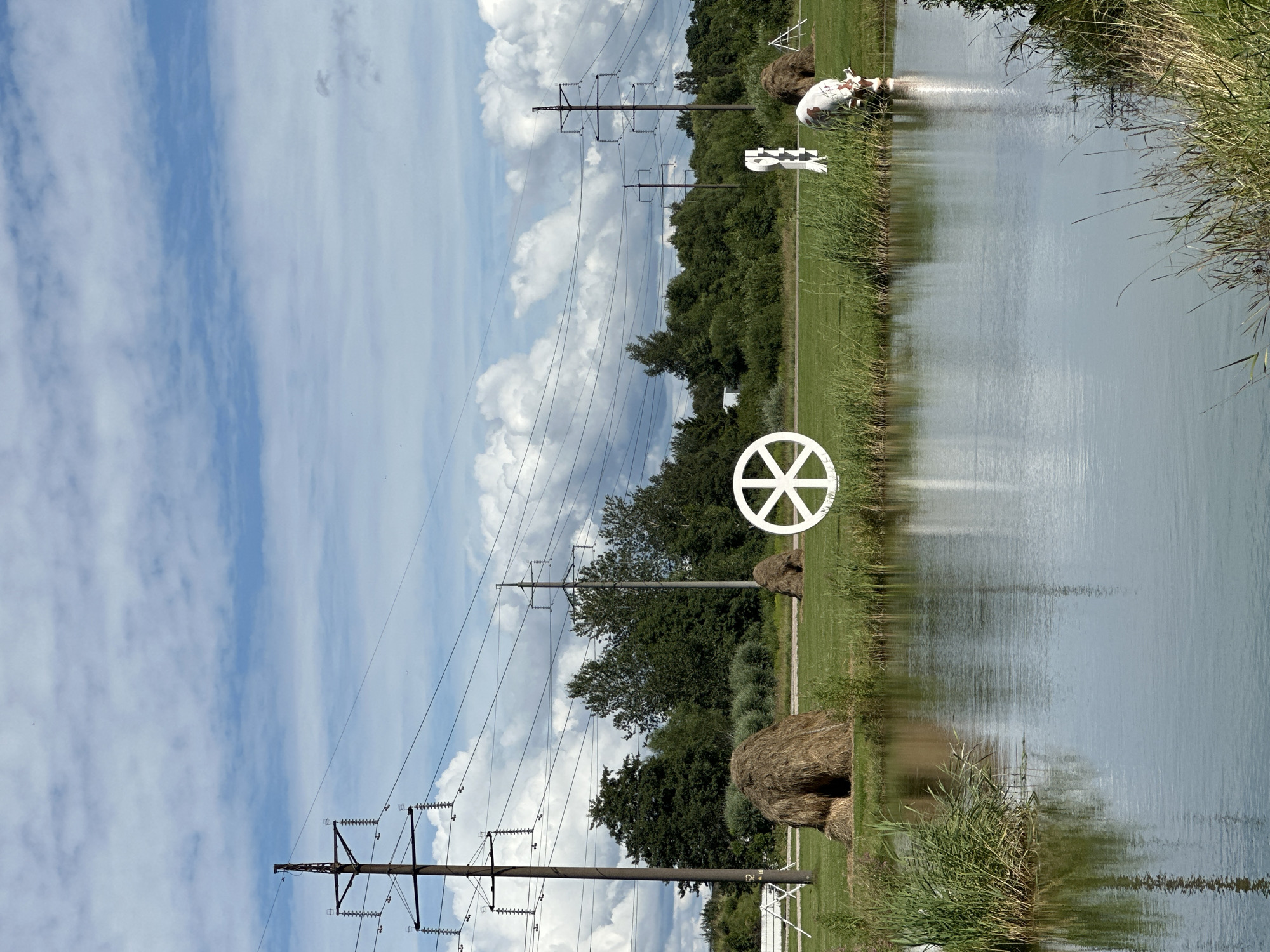 The image depicts an outdoor scene near a body of water, likely a lake or pond. The foreground is dominated by the calm water, reflecting the sky and surrounding elements. On the grassy bank, several haystacks are visible, some appearing large and cone-shaped, while others are smaller. A large, white, circular emblem with spokes is prominently displayed on the grass, positioned between two haystacks. In the middle ground, a line of trees forms a dense backdrop. Power lines stretch across the sky, supported by tall utility poles. In the distance, what appears to be a white cow with brown markings is grazing near the water's edge, next to a white, rectangular structure. The sky is partly cloudy with a mix of blue sky and white cumulus clouds. The overall impression is a rural or semi-rural setting with evidence of agricultural elements and infrastructure. This scene is located in Liepaja, Latvia.