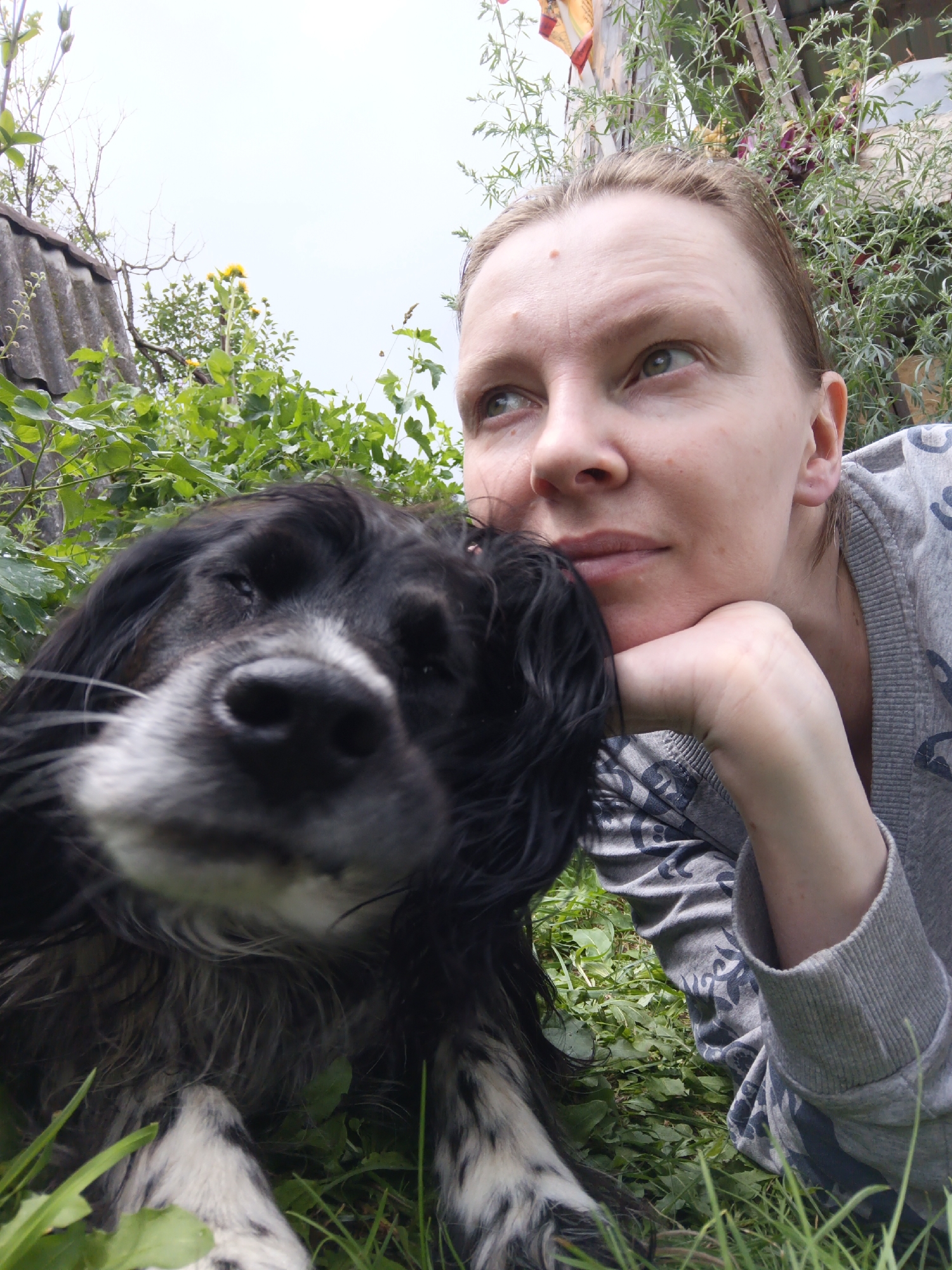 A woman and a dog are outdoors, possibly in Kauchuk Stantsiya, Russia, given the context. The woman, with her hair pulled back, is resting her chin on her hand and looking upwards and to the side. She is wearing a grey sweatshirt with a dark patterned design. The dog, a black and white breed with long fur, is positioned in the foreground, close to the camera, with its face partially blurred. The dog appears to be looking directly at the camera. They are surrounded by lush green vegetation, including grass and leafy plants. In the background, there is a grey, corrugated structure, likely a fence or roof, and some trees. The sky is overcast.