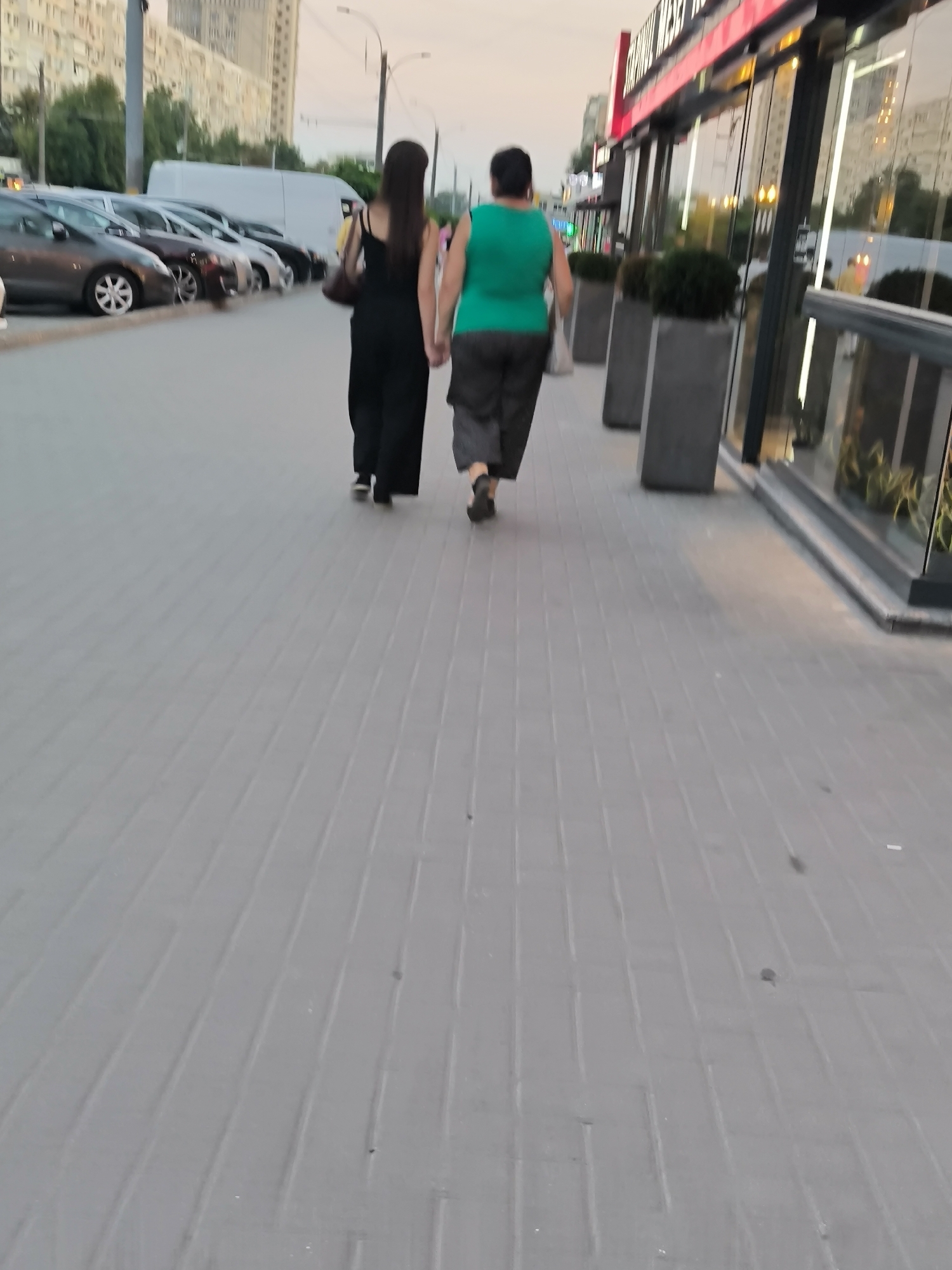 Two individuals, one wearing a black jumpsuit and the other in a green top and dark pants, are walking side-by-side on a paved pedestrian walkway in Chișinău, Moldova. The individual in black is holding a dark purse. They are walking away from the camera towards a building with large glass windows. In the background, there are parked cars, trees, and a tall building. The sky appears to be overcast, suggesting it might be evening or a cloudy day. The scene depicts a casual urban environment.
