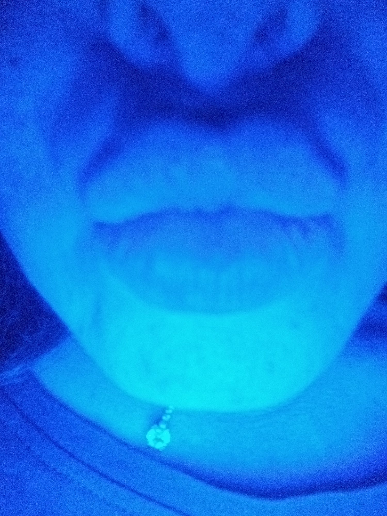 The image shows a close-up of a person's face, specifically the area from the nose to the neck. The skin and clothing are illuminated by a blue light, obscuring details. A necklace with a decorative pendant is visible on the neck. The photograph appears to be taken indoors. There is no indication of the location being Sofia, Bulgaria, or any other specific place.