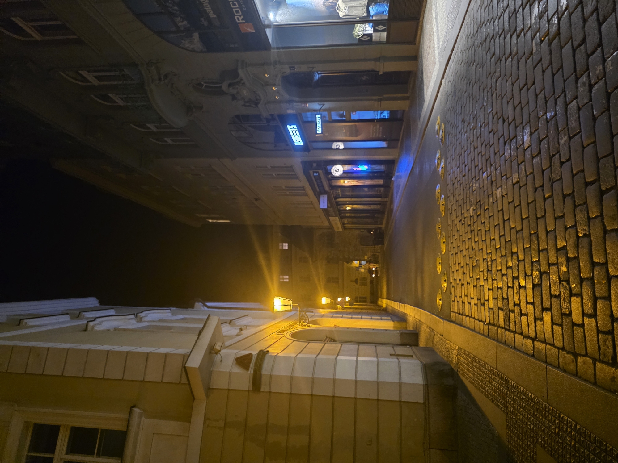 The image shows a street scene at night in an unknown city. The street is narrow and paved with cobblestones. Buildings line both sides of the street. The buildings on the left are illuminated by street lamps, while the buildings on the right are darker. There are neon signs on some of the buildings on the right. The street is wet, and the lights are reflecting off the wet pavement.