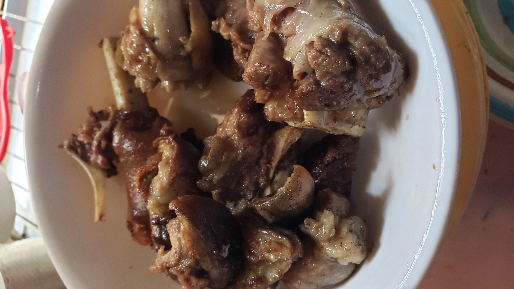 A close-up shot captures a white bowl filled with cooked meat on the bone. The meat appears to be a dark brown color with some lighter, fatty portions visible. It is a close-up shot, making it difficult to discern the exact type of meat or how it was cooked. The background is blurred, but it appears to be an indoor setting with some kitchen items visible, such as what looks like a red utensil in the upper portion of the image. The lighting suggests it is daytime, possibly taken indoors with artificial light. There are no people present in the image, and no specific location in the city of Unknown, Unknown can be determined.