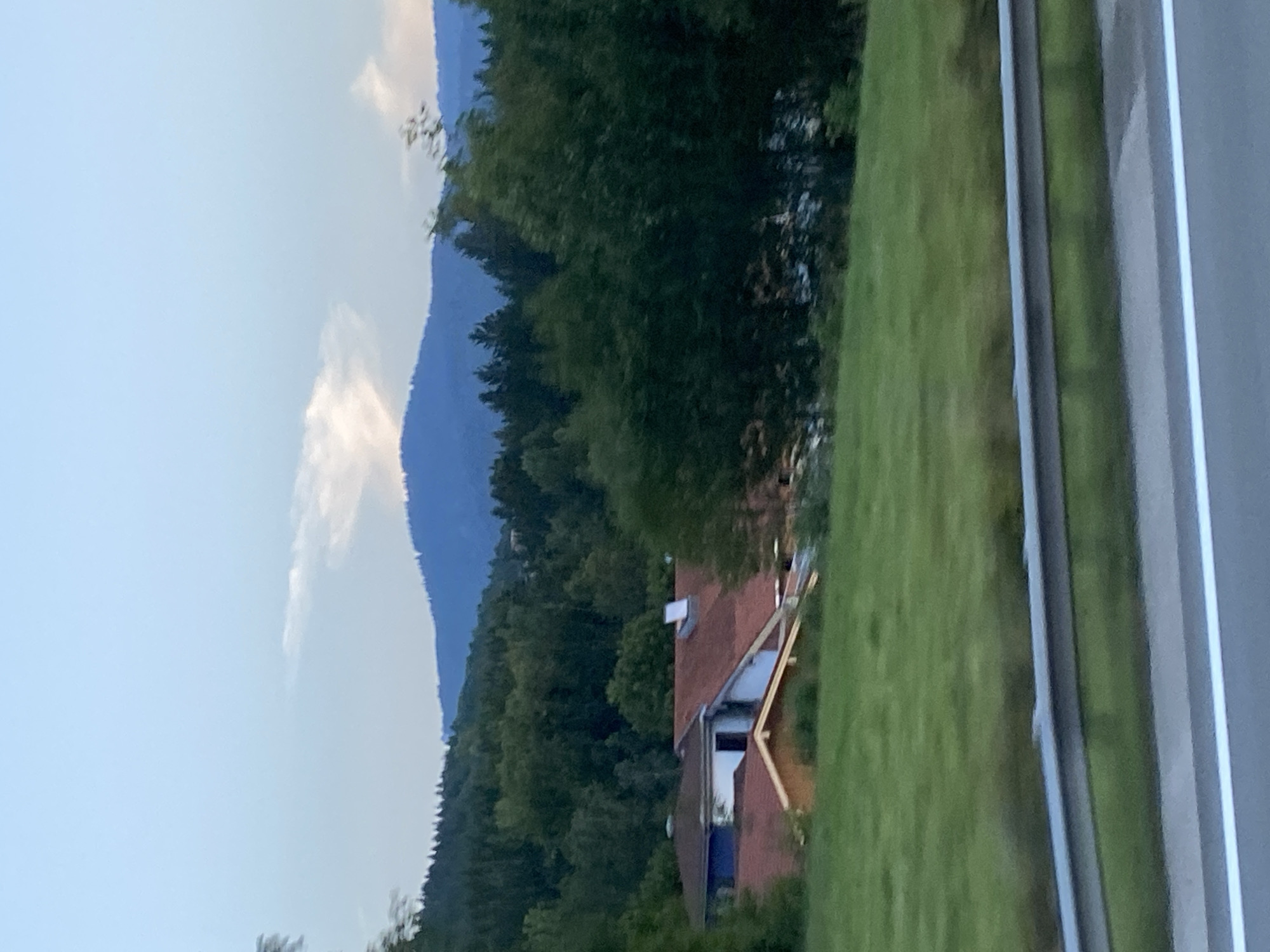The image depicts a rural landscape with rolling hills covered in dense evergreen forest. In the mid-ground, several houses with red tiled roofs are visible, nestled amongst the trees. The foreground shows a grassy field bordering a road with a metal guardrail. The sky above is a pale blue with a few scattered clouds. The scene appears to be a view of the outskirts of Siegsdorf, Germany.