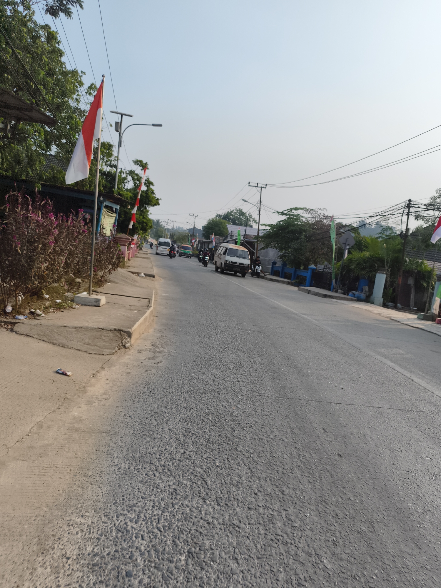 A street scene in Tanjung Redeb, Indonesia, is depicted under a clear, pale sky. The perspective is from the side of the road, looking down its length as it curves to the right. On the left side of the image, a concrete sidewalk runs alongside a grassy area with dark purple flowering bushes. A single Indonesian flag, red and white, is planted on the sidewalk, next to a lamp post. Further down the road, several vehicles are visible. These include a white van, a green and white mini-bus, and motorcycles, all traveling in the same direction. Buildings with blue and white accents line the right side of the road, with trees and power lines overhead. The road surface is asphalt, with some visible cracks and texture. Debris, including plastic bottles and wrappers, is scattered on the sidewalk.