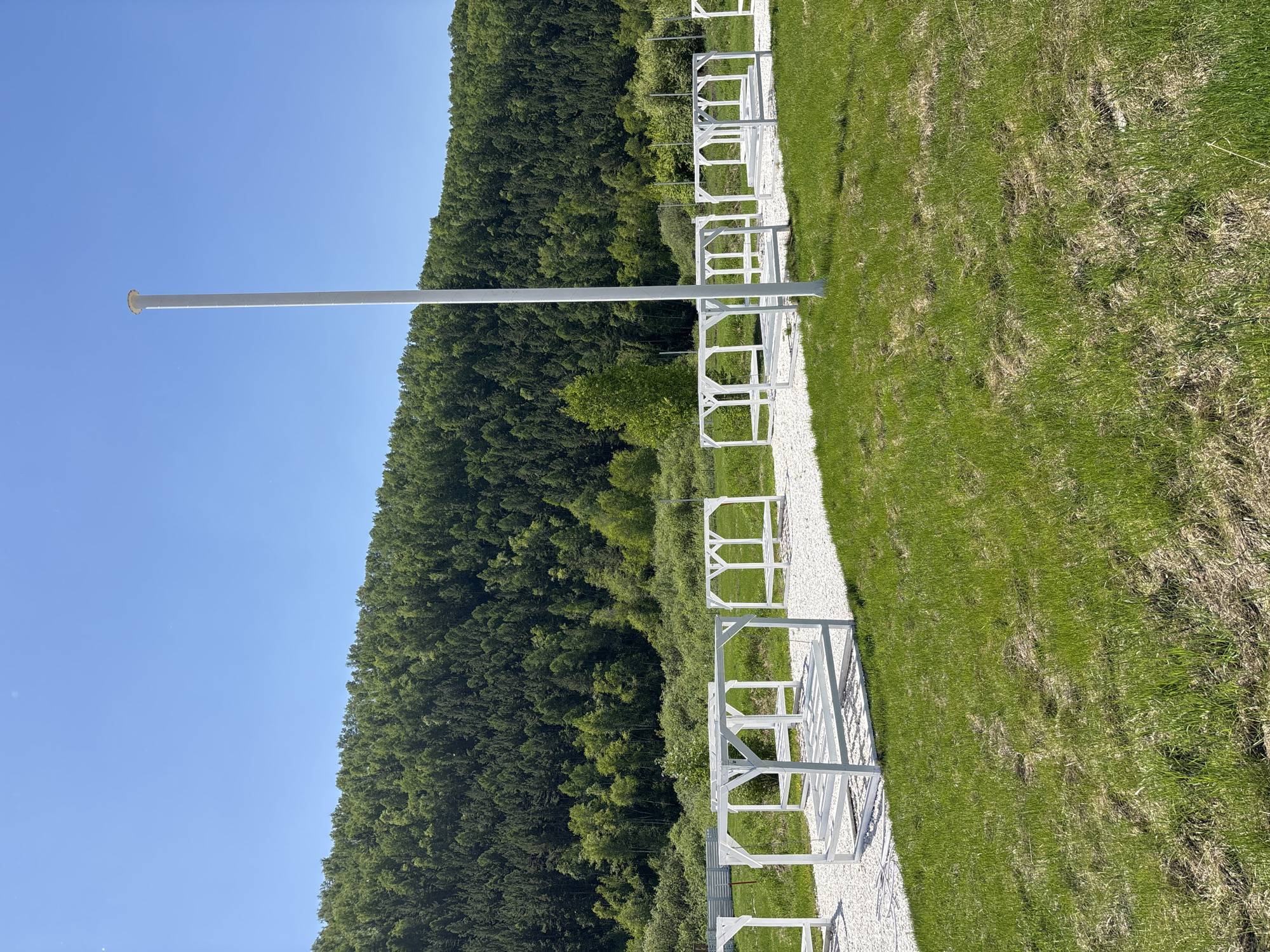 The image depicts a bright, sunny outdoor landscape in Дрокино, Russia. The scene is captured in daylight under a clear, cloudless blue sky.
In the foreground, a vibrant green lawn with some drier patches of grass occupies the right side of the frame. A light-colored gravel path runs from the lower right corner, extending diagonally upwards to the left. Along this path, a series of identical white, open-framed structures are neatly spaced. These structures, possibly decorative pergolas or seating shelters, are made of white metal or wood, forming cube-like frames with internal cross-bracing.
Prominently featured in the mid-ground is a tall, slender white flagpole, extending vertically from near the bottom of the frame towards the top, with its finial just visible against the sky.
The background is dominated by a dense, verdant forest covering a rolling hillside. The trees are lush and green, indicating a healthy natural environment. The forest spans horizontally across the entire upper portion of the landscape.
No people are visible in the image, nor is there any explicit activity taking place, suggesting a peaceful and serene setting. There is no visible text. The overall impression is one of a well-maintained outdoor area situated alongside natural woodland, bathed in bright sunshine.