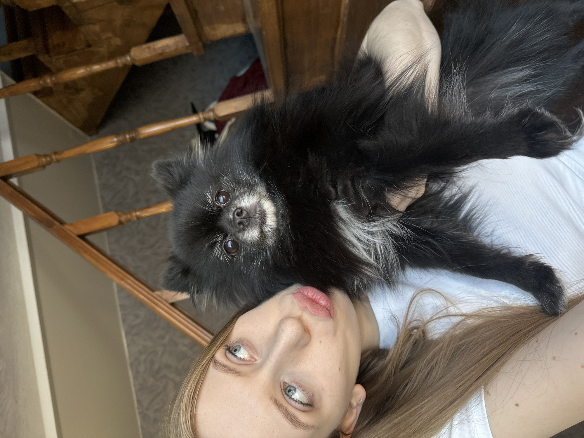 A woman with long, light brown hair and blue eyes lies down, holding a small, fluffy, black and grey dog. The woman is wearing a white shirt. The background includes a wooden staircase. The image appears to have been taken indoors. There is no explicit evidence in the image to confirm that it was taken in Chaikovsky, Russia.