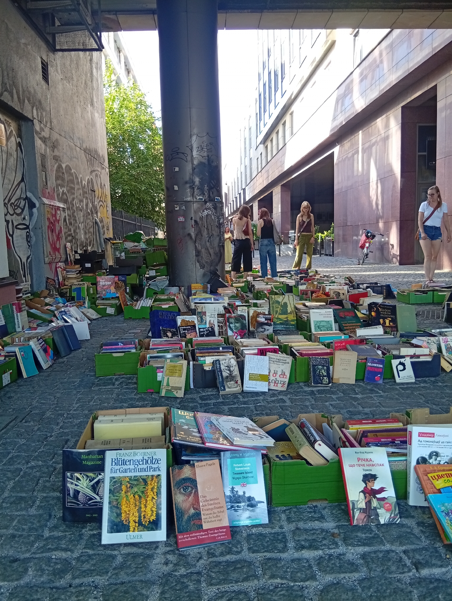 This is a medium shot, eye-level, outdoor photograph capturing a book market set up on a cobblestone street in Wrocław, Poland, under an overpass or bridge. The setting appears to be urban, with a concrete wall covered in graffiti on the left and modern building facades on the right. A large concrete pillar supporting the overpass stands prominently in the center.
The primary focus of the image is the abundance of books laid out on the ground, predominantly in green crates and boxes, and also directly on the cobblestones. The books are varied in size, color, and apparent age, suggesting a diverse selection. Some crates are overflowing, with books spilling out. In the foreground, several books are neatly arranged or stacked. One book in the foreground has the title "FRANZ BOERNER BLÜTENGEHÖLZE für GARTEN und PARK" with an illustration of yellow flowers. Another book is titled "Manhattan Magazine" with an image of pineapples. To the right, a book with a striking portrait of an eye is visible.
Several individuals are present in the scene. On the right side of the image, a young woman wearing glasses, a white t-shirt, and denim shorts stands facing towards the viewer. To her left, further back, are three other young women, appearing to browse or interact with each other. One is wearing a dark top and black pants, another a dark top and blue jeans, and the third a brown tank top and green pants. In the far right background, a bicycle with a red frame is parked. A woman in a yellow dress is visible further back on the right side.
The environment is characterized by the rough texture of the cobblestone pavement, the stark concrete of the wall and pillar, and the lighter, modern facade of the buildings. The lighting suggests a sunny day, with strong shadows cast by the overpass and pillar. The overall impression is a vibrant, informal marketplace offering a wide array of reading material in an urban setting.