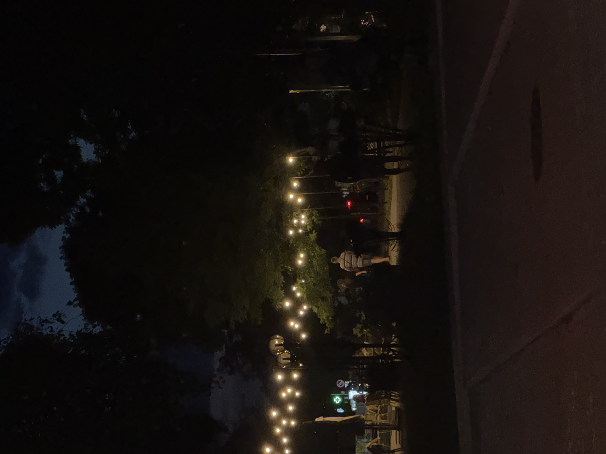The image depicts an outdoor scene at night, illuminated by strings of warm-toned fairy lights strung between poles and trees. The location is identifiable as Tiraspol, Moldova, based on the presence of a green cross sign, commonly found on pharmacies in Moldova. Several people are visible in the midground, some walking and others appearing to be seated at tables, suggesting a public gathering or dining area. The foreground shows a dark paved surface, possibly a pathway or parking lot, with a distinct crack running across it. In the background, the dense foliage of trees obscures much of the surroundings, with a sliver of dark, cloudy sky visible above. The overall atmosphere is dimly lit and somewhat serene.