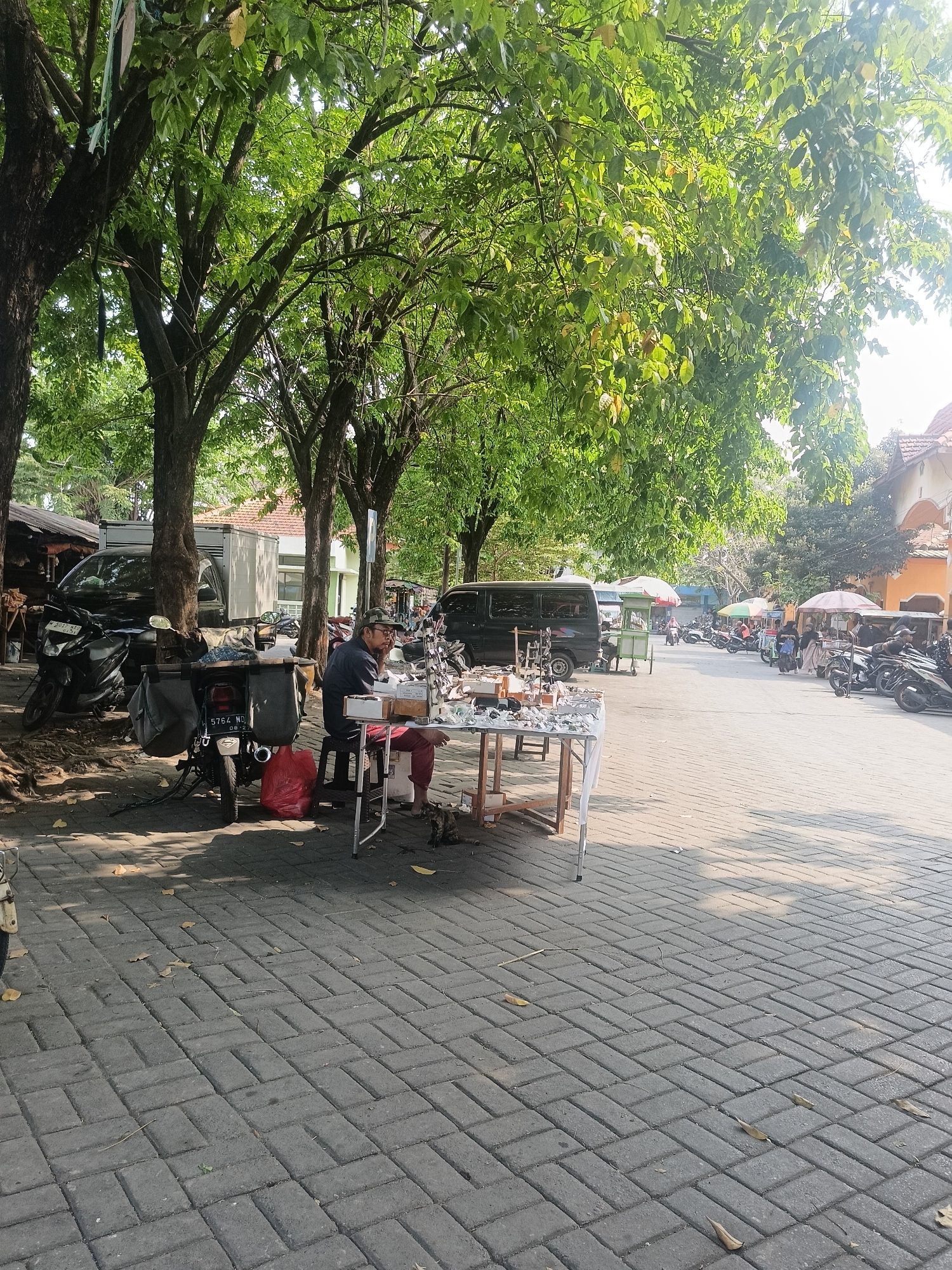 A street vendor, a man wearing a cap and a dark long-sleeved shirt, sits at a table displaying various items, likely for sale, on a brick-paved sidewalk in Wedi, Indonesia. He is seated on a dark chair and is looking to his right, with his hand on his chin, appearing contemplative. In front of him, on the table, are numerous small items, possibly accessories or trinkets. Beside him, to his left, is a motorcycle with two grey saddlebags. A red plastic bag rests on the ground near the motorcycle. A cat is visible on the ground in the lower right portion of the image, near the vendor's feet. The background features trees with dense green foliage casting shadows on the ground, a parked black van, and other vehicles and stalls further down the street, indicating a bustling market or roadside area. The sun is shining, creating bright lighting and distinct shadows.