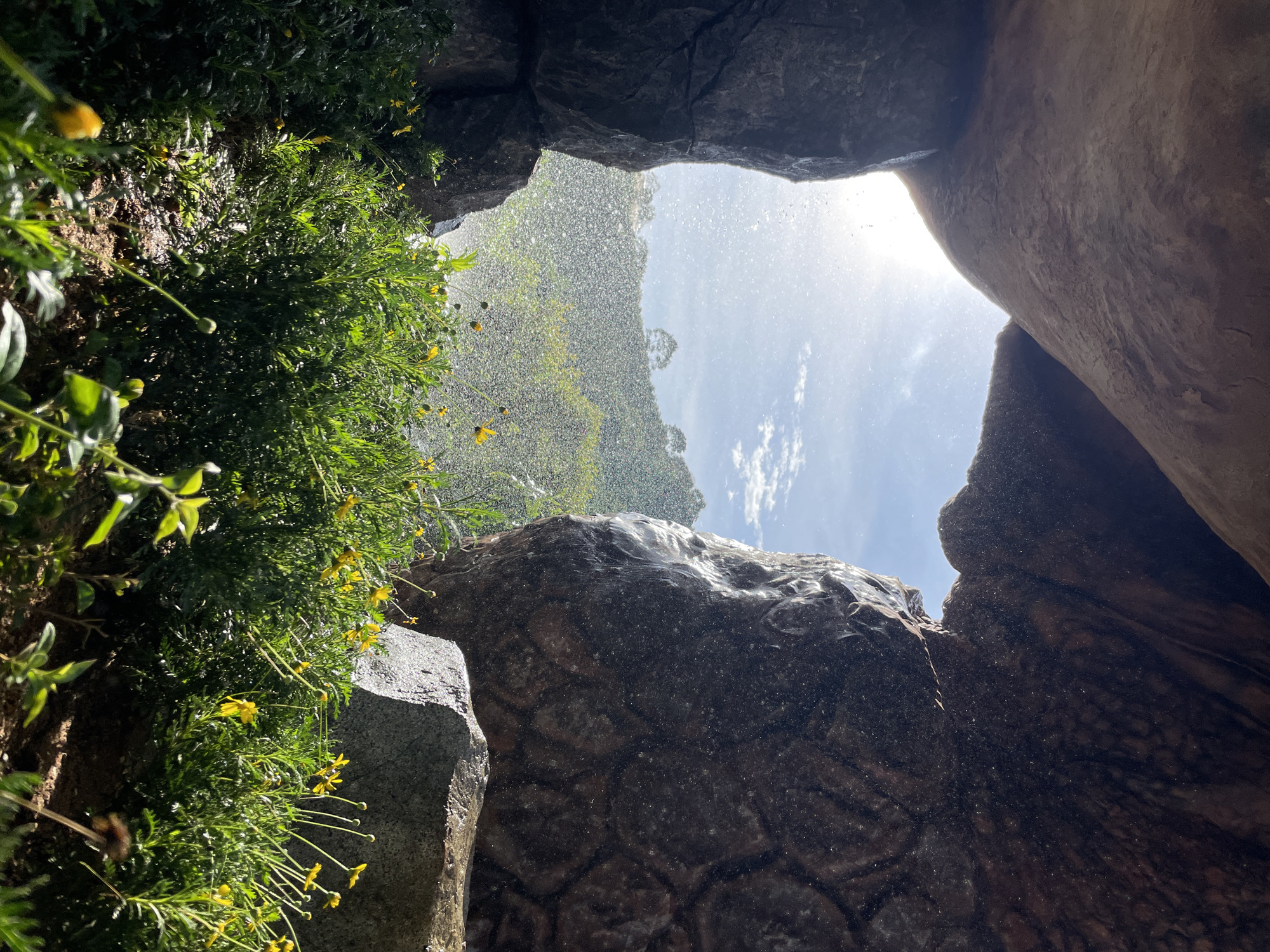 The image shows a view looking out from a cave or overhang onto a lush green hillside. Large, dark rocks form the foreground, framing a misty spray of water. Beyond the mist, a sunlit hillside is covered in dense green foliage and scattered yellow wildflowers. Trees are visible on the crest of the hill. The sky is blue with scattered white clouds. The scene appears to be located in Thôn 1, Vietnam, possibly near a waterfall or in a natural park. There are no people visible in the image.