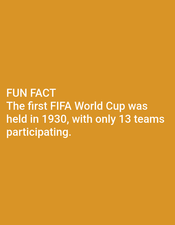 The image is a digital graphic with white text on an orange background. The text reads "FUN FACT" in large capital letters, followed by "The first FIFA World Cup was held in 1930, with only 13 teams participating." in smaller, but still prominent, capital letters. The text is centered on the left side of the image. There are no people, objects, actions, interactions, or environmental elements depicted. There is no information about the city of Lagos, Nigeria, in the image.