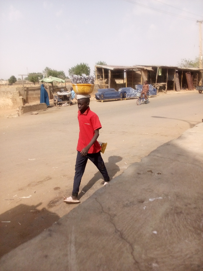 The image depicts an outdoor street scene in Tudun Murtala, Nigeria, under bright daylight with strong shadows. In the mid-ground, a young male, wearing a red polo shirt, dark trousers, and light-colored sandals, walks from left to right. He carries a large, yellow, circular woven basket filled with numerous dark, elongated items balanced on his head and holds a small, rectangular, yellowish object in his left hand. To the left, a market stall under a light green umbrella canopy is partially visible, with an individual in a blue garment standing nearby. Along the unpaved road behind the walking male, a row of market stalls with wooden frames and corrugated metal roofs displays several new, blue upholstered furniture pieces, likely sofas, wrapped in clear plastic. A person riding a bicycle, dressed in light brown attire, is observed moving past the furniture towards the right side of the frame. The immediate foreground features an uneven concrete surface, bordered by dirt. Low-rise buildings and scattered vegetation are present in the background.