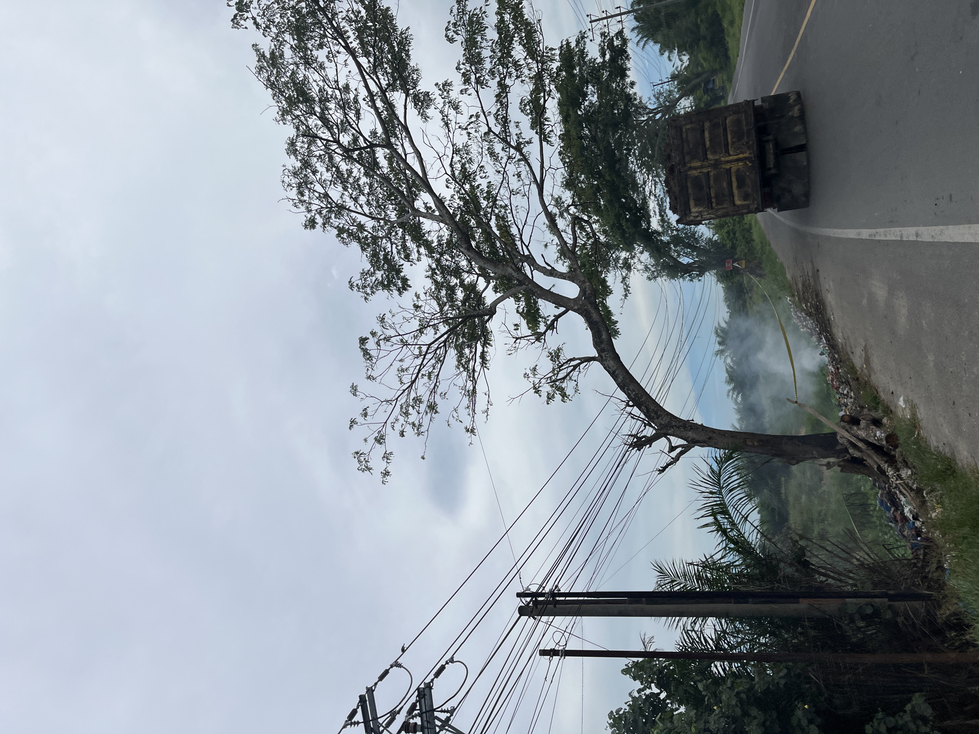 This is an eye-level, medium shot of a roadside scene in Simpangempat, Indonesia, under a hazy, overcast sky. A large, weathered dump truck with a dirty yellow bed is turning a curve on an asphalt road with a white dividing line. The truck is positioned to the right of the frame, its rear end facing the viewer. To the left of the road, there is a steep embankment with a pile of trash and debris. A bare, contorted tree with sparse foliage leans precariously over the embankment. Wisps of smoke rise from the trash, creating a visible haze, with yellow caution tape strung across the area. Several utility poles with a dense network of wires are prominent on the left side of the image, obscuring the background. Green foliage and trees are visible in the distance, suggesting a semi-rural or natural environment. The overall impression is one of neglect and a somber, possibly polluted, atmosphere.