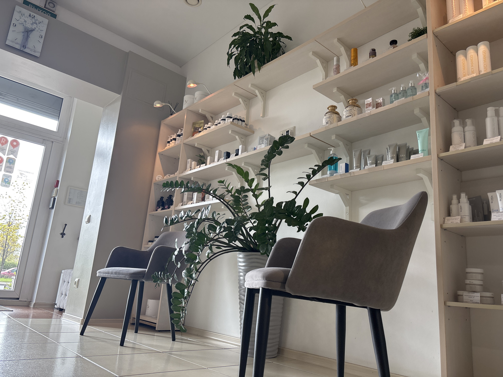 The interior shot presents a minimalist waiting area or reception space, likely in a retail setting or professional office. The space is characterized by a bright, airy ambiance, accentuated by a neutral color palette. The background features white shelving displaying a variety of products, potentially cosmetics or skincare items. On the top shelves, there are plants in pots. A large ZZ plant, in a tall, wavy-patterned white pot, stands prominently in the middle of the room, adding a natural element.
Two chairs with gray upholstery and black legs are positioned in the foreground. The chairs are unoccupied, suggesting the space is currently inactive. The flooring is light-colored tile.
A window to the left reveals an exterior view of greenery and a glimpse of a building. Above the window, there is a clock. The time on the clock appears to be approximately 8:15. At the top of the clock is the Russian word "выход", which means exit. The Russian inscription indicates that the location is likely in a Russian-speaking region. Based on the other visible writing in the picture, it can be identified as Vsevolozhsk, Russia.