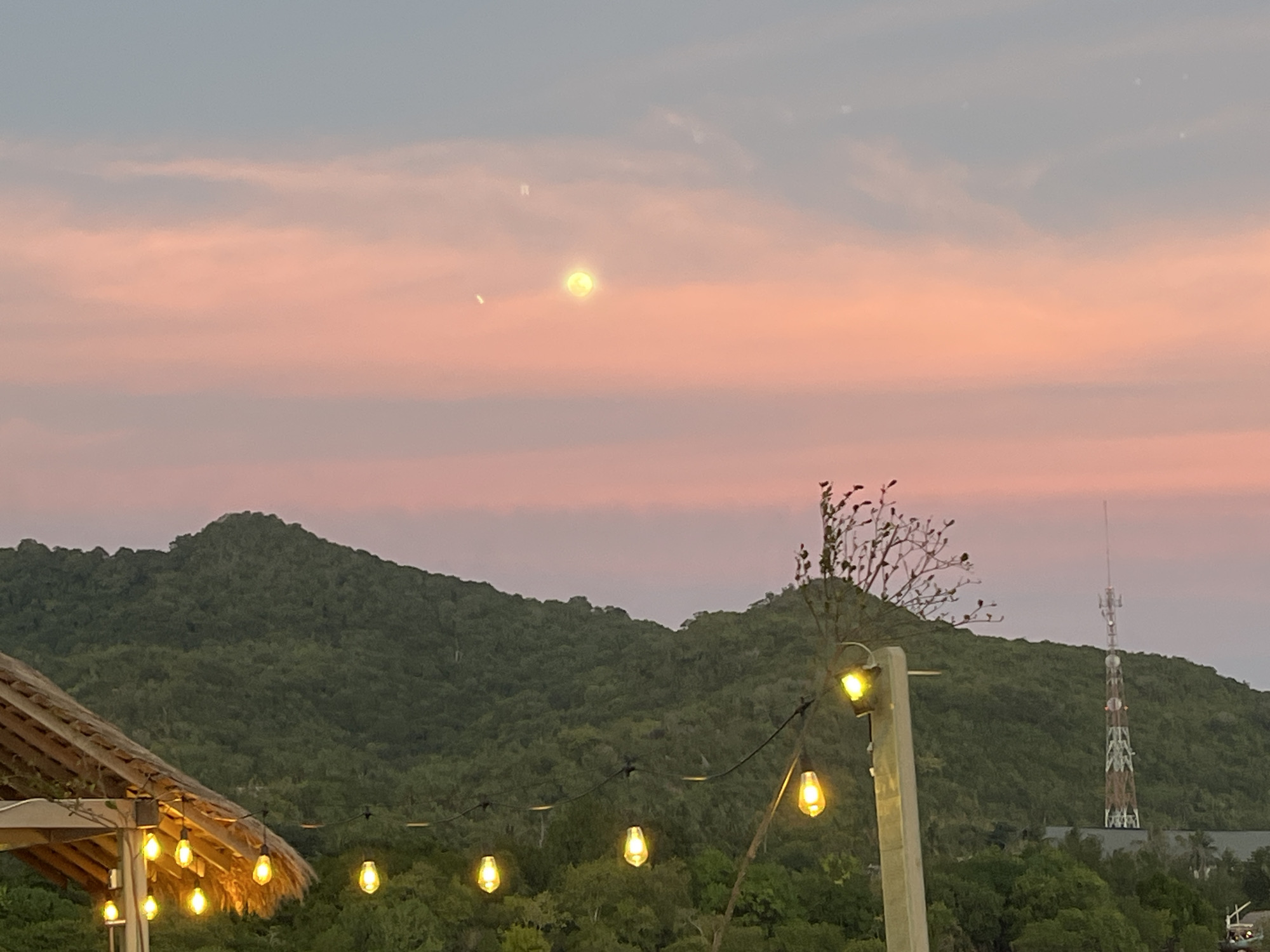 An image captures a serene sunset scene in Karimunjawa, Indonesia. A gentle gradient of pink and pale blue hues paints the sky, with a luminous full moon shining brightly in the upper center. In the foreground, a thatched-roof structure, possibly a resort or restaurant, is visible on the left, adorned with string lights that cast a warm glow. These lights are also present further into the scene, strung between wooden posts and trees. Behind the structures and lights, lush green hills rise, their slopes covered in dense vegetation. To the right, a tall communication tower stands against the backdrop of the hills. The overall atmosphere is tranquil and picturesque, characteristic of a tropical evening.