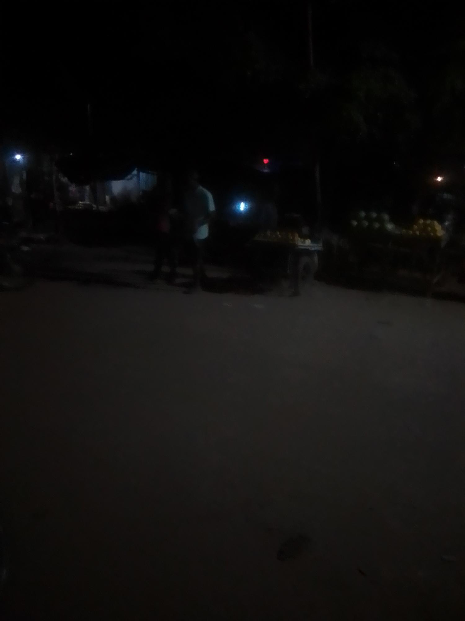 This is a nighttime photograph taken in Kwadon, Nigeria, depicting a street scene. In the center of the image, two individuals are visible. One is standing to the right, wearing a light-colored shirt. Another person, partially obscured, stands to the left. In the background, a cart is present, laden with what appear to be fruits, possibly watermelons, indicated by their round shapes and lighter color against the darkness. The environment is dark, suggesting late evening or night, with some artificial lights providing minimal illumination. A few trees are visible in the background, contributing to the natural elements of the scene. The ground appears to be a dirt or unpaved road.