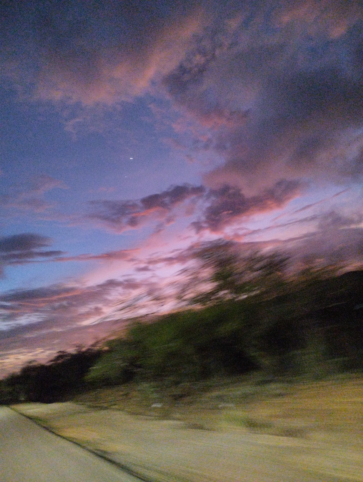 The image captures a dusky sky with streaks of pink and purple clouds against a deep blue backdrop. A crescent moon is faintly visible in the upper portion of the sky. In the foreground, blurred greenery suggests trees or foliage, and a road with a yellow line is visible, indicating a scene of movement, likely from a moving vehicle. The overall impression is one of motion blur during twilight. The image does not provide any specific details about the location within the city of La Guaira, Venezuela.