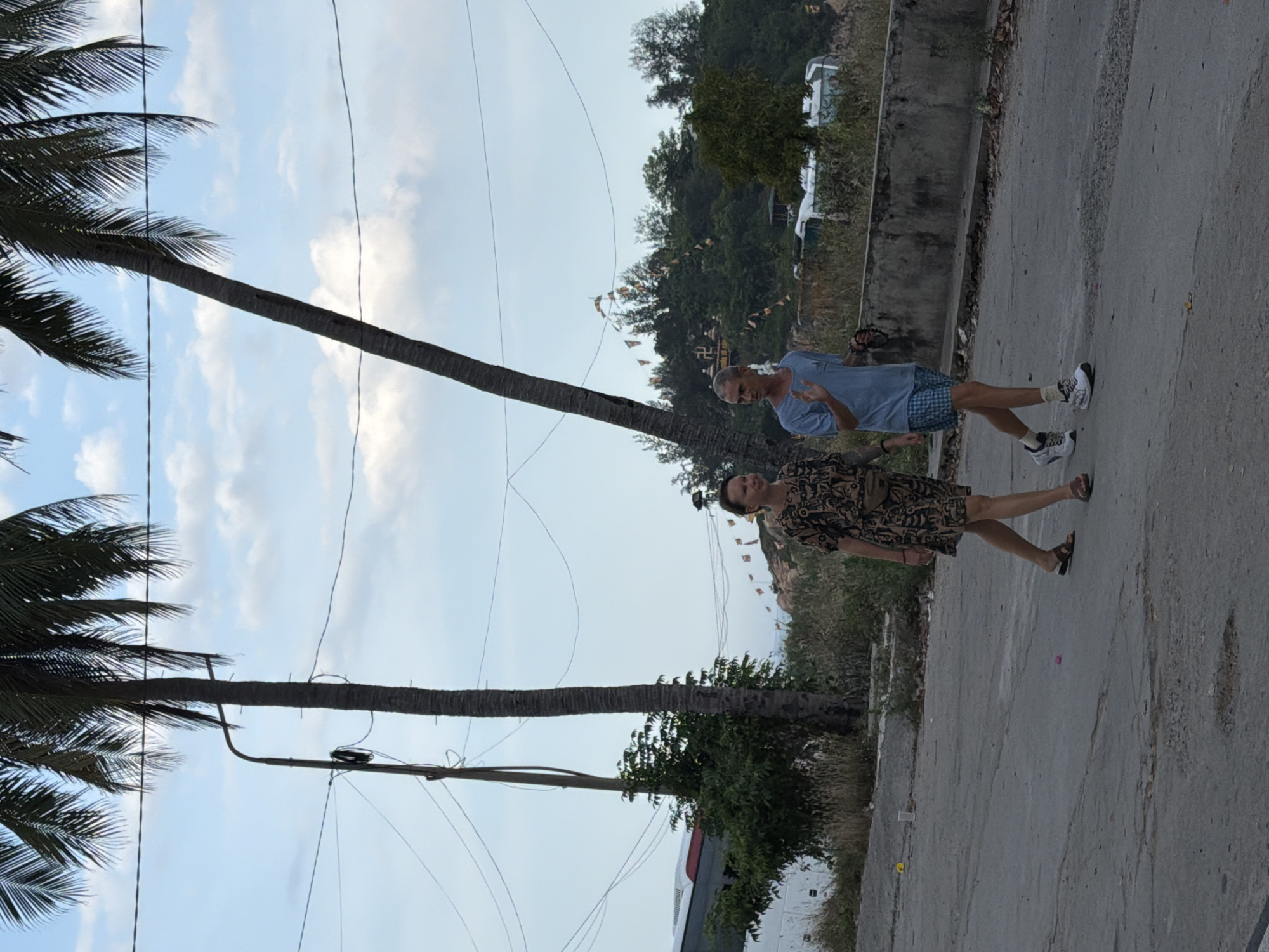 Two people are walking on a paved road. The person on the left is a woman wearing a short, patterned dress and sandals. The person on the right is a man wearing a light blue t-shirt and plaid shorts, with athletic shoes. They are walking in the same direction, and the man appears to be looking towards the woman and waving.
In the background, there are several palm trees, a utility pole with wires, and lush green vegetation. A white bus is visible on the left side of the image. Further in the background, there are buildings and a hillside with trees and flags, suggesting a more urban or developed area. The sky is blue with scattered clouds. The overall scene appears to be in an outdoor, possibly coastal, environment. The presence of palm trees and the general atmosphere are consistent with a location in Nha Trang, Vietnam.