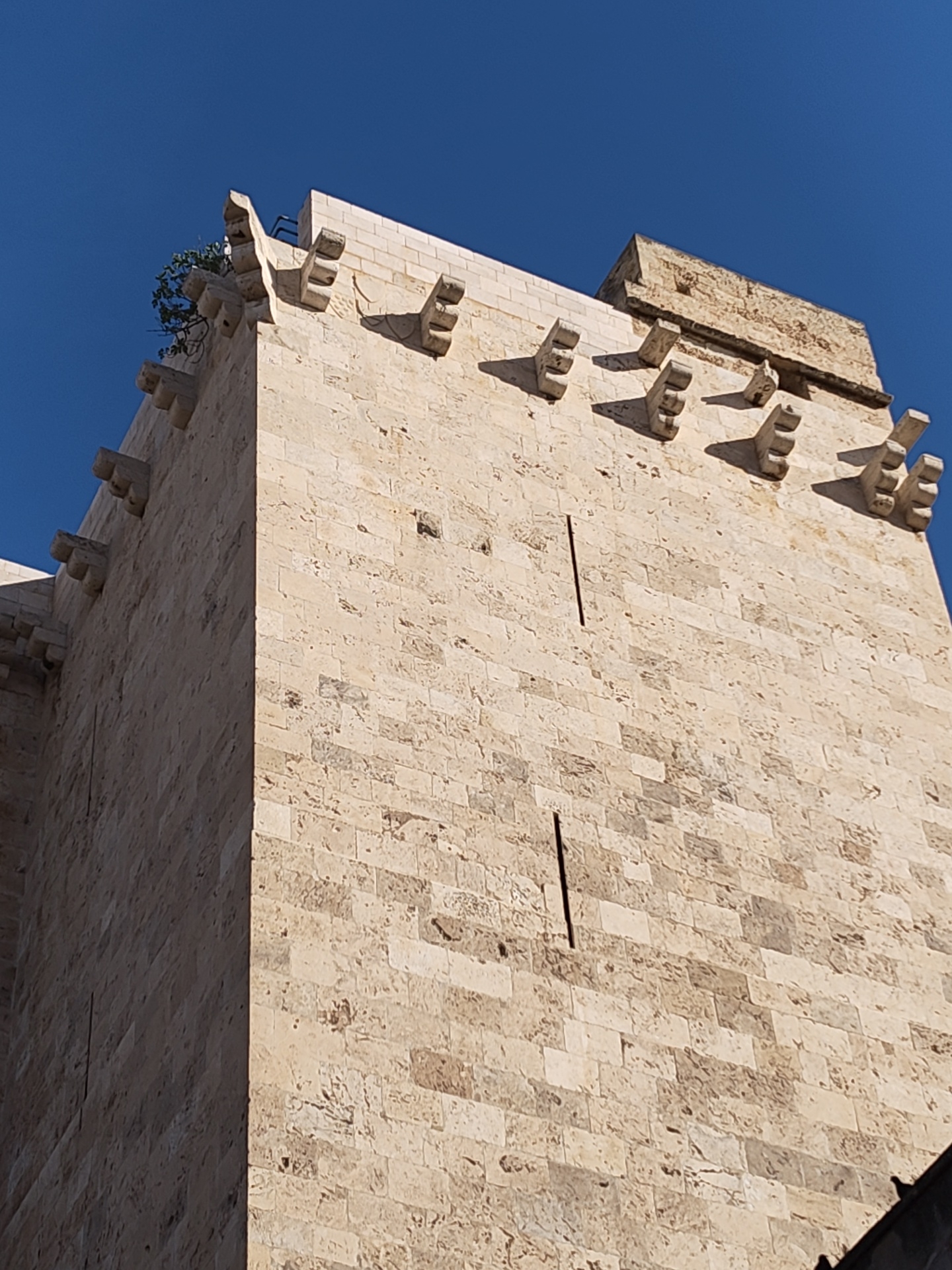 The image captures a low-angle view of the Torre dell'Elefante, a medieval tower in Cagliari, Italy. The tower is constructed from light-colored stone blocks and features prominent corbels along its upper edges. Two vertical slits are visible in the tower's facade, possibly serving as arrow slits. A small amount of greenery is growing from the top left corner of the tower. The sky is clear and blue.