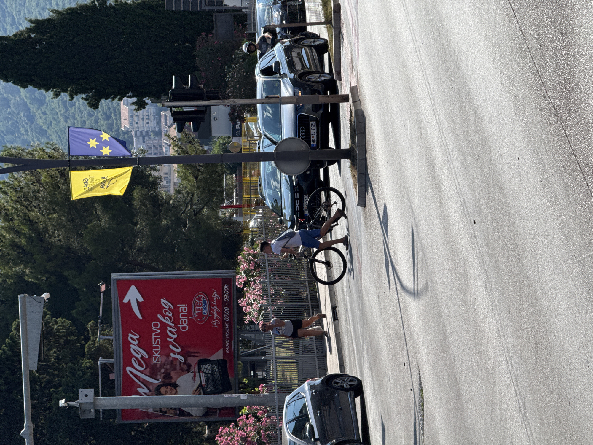 The image depicts a street scene in Budva, Montenegro, on a bright, sunny day. The perspective is from a slightly elevated position looking down a street lined with trees and buildings in the background.
In the foreground, a man is riding a bicycle, standing up on the pedals, with his body leaning forward. He is wearing a white t-shirt and blue shorts. Another person is visible sitting on the curb nearby, also in casual attire. A large red billboard advertising "Mega ISKUSTVO svakog dana!" (Mega Experience Every Day!) with the "MEGA PROMET" logo is prominently displayed. Text on the billboard also indicates "RADNO VRIJEME 07:00 - 03:00h" (Working hours 07:00 - 03:00h).
Several cars are parked or driving along the street. One car, an Audi with the license plate "MK AJ095", is particularly noticeable. Two flags are attached to a pole overhead: a blue flag with yellow stars (resembling the EU flag) and a yellow flag with some text, though it is largely unreadable. Pink flowers are blooming along a fence line, adding a touch of color to the scene. The overall atmosphere appears to be one of casual outdoor activity on a clear day, possibly in the afternoon given the shadows cast. The location context suggests a commercial or urban area in Budva.