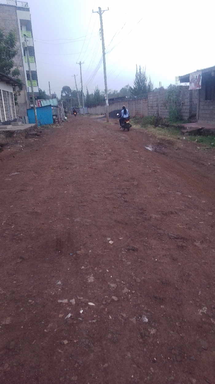 An unpaved, reddish-brown road stretches into the distance, flanked by buildings and a concrete wall. Utility poles line the street. Two motorbikes are visible, one with a rider wearing a light-colored shirt. Patches of vegetation grow alongside the road and behind the wall. The sky appears overcast, lending a muted tone to the scene. The road surface is rough and uneven.