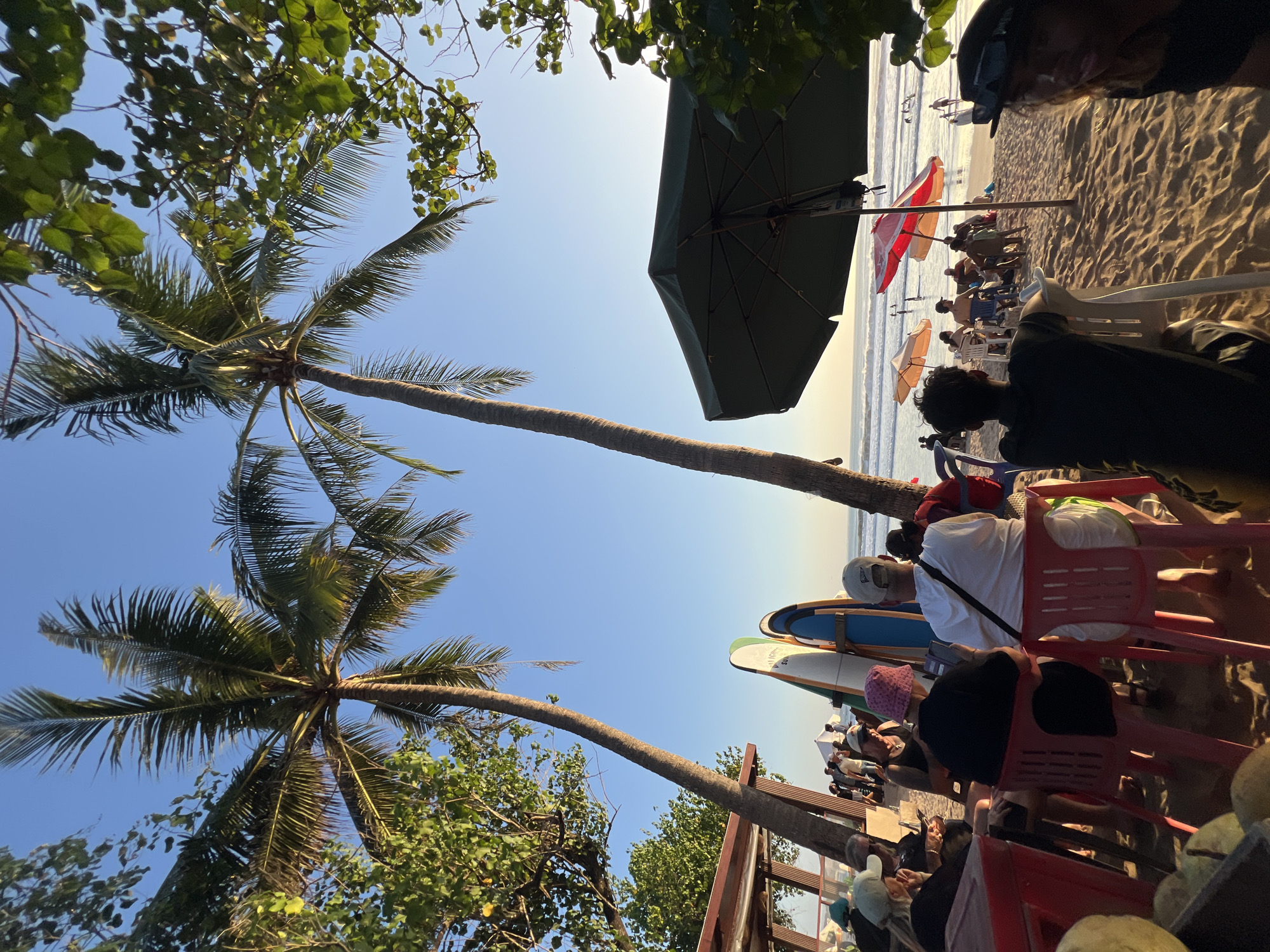 This is a low-angle, wide shot of Kuta Beach, Indonesia, at sunset. The sky is clear and blue, with the sun low on the horizon casting a warm glow over the scene. Two tall palm trees dominate the left side of the frame, their fronds silhouetted against the sky. In the foreground, a group of people are seated on chairs on the sandy beach, facing the ocean. Some are looking at their phones, while others are engaged in conversation. Two surfboards are propped up against a wall on the left, suggesting a surfing-friendly environment.
In the middle ground, more people are scattered across the beach, some under umbrellas, others walking along the shore. The ocean waves are gentle, with a few people swimming or surfing in the distance. The overall atmosphere is relaxed and casual, with a sense of community and leisure. The lighting suggests it's late afternoon or early evening, a popular time for people to gather on the beach.