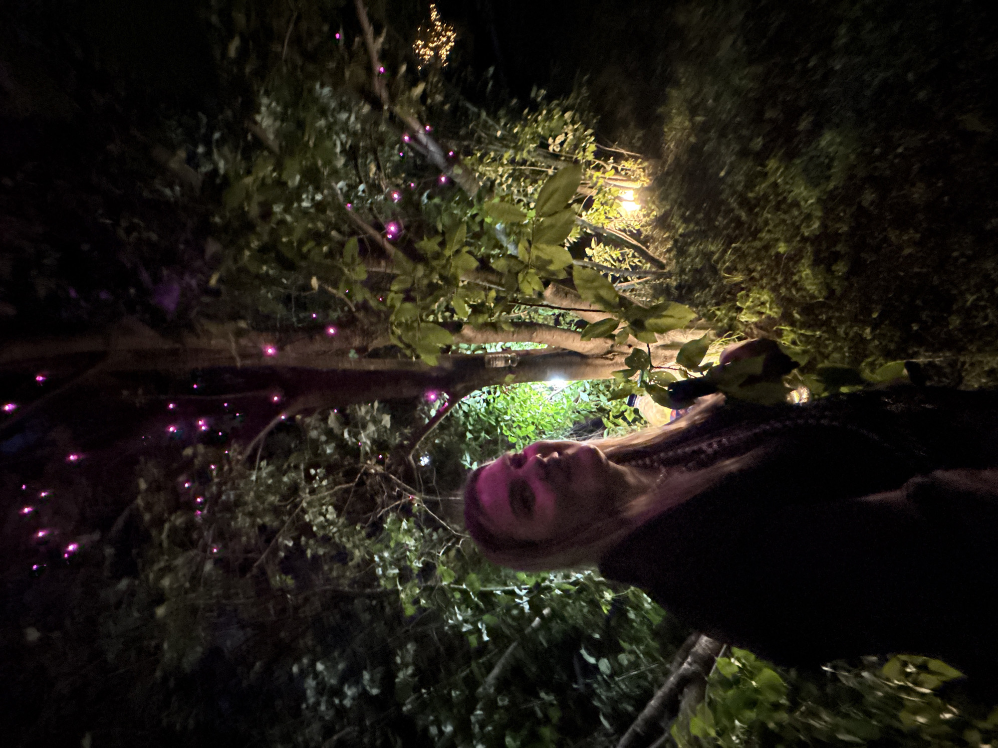 A blonde woman stands to the left of a tree trunk in a dimly lit outdoor setting, with pink lights scattered in the tree branches and yellow lights illuminating the ground to the right. The woman is wearing a dark jacket and a necklace, and her face is turned to the side. The background consists of trees and foliage. The location is Zavod Mikhailovskii, Russia.