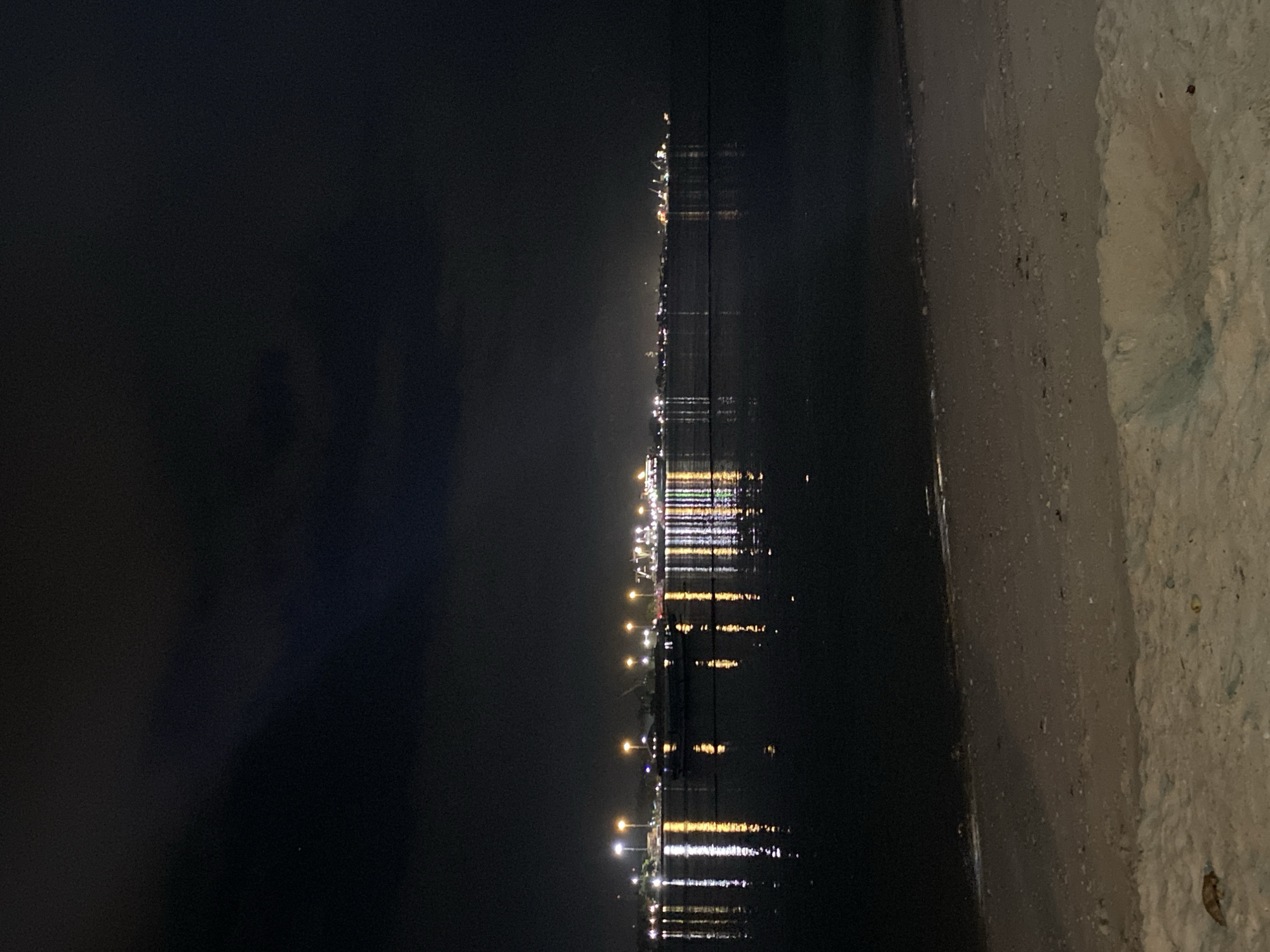 The image captures a nighttime view of the Samal City coastline in the Philippines, looking across the water towards a distant, illuminated industrial or port area. The foreground consists of a sandy beach, with the dark water of the sea reflecting the lights from the shore. Along the horizon, a line of bright lights, appearing yellow and white, indicates a developed area with buildings and possibly cranes. The sky above is dark and overcast, with faint clouds visible. The water surface is calm, creating clear reflections of the lights, suggesting a tranquil night. There are no people or identifiable animals visible in the immediate foreground or the illuminated distance. The overall scene depicts a coastal city at night, highlighting the contrast between the dark natural environment and the man-made illumination.