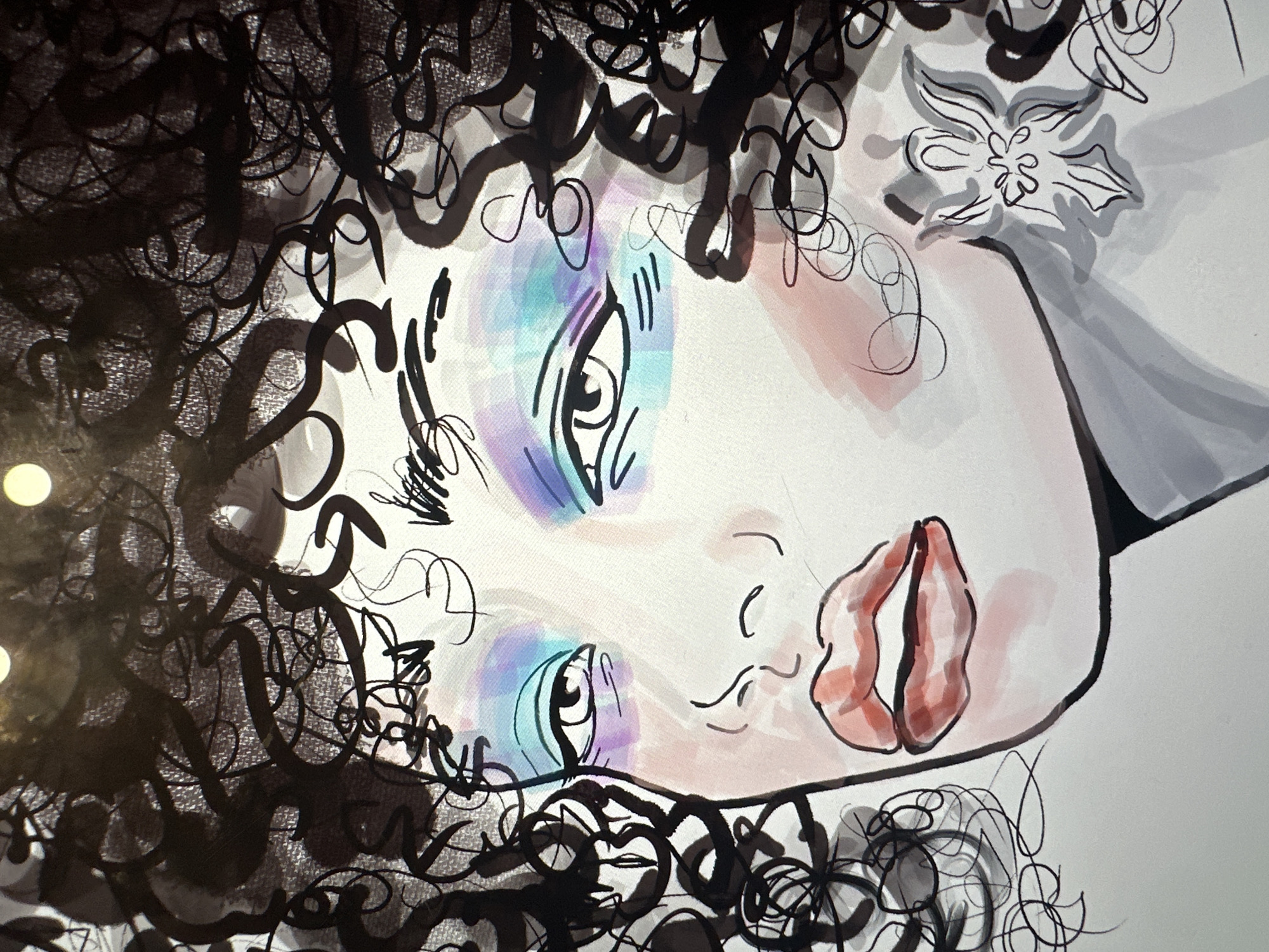 A close-up digital illustration depicts a woman's face with dramatic makeup and voluminous curly hair. The woman has fair skin, with a blush of pink on her cheeks. Her eyelids are adorned with vibrant eyeshadow in shades of aqua, turquoise, and lavender, blended in a bold, abstract manner. Her eyebrows are dark and sharply arched. Her lips are full and painted in a rich coral color with dark outlines. Her hair is a mass of thick, dark curls framing her face. There are several abstract black ink lines scattered around her hair and face, adding a sketch-like quality. On the right side of her neck, there is a stylized, floral-shaped earring or embellishment. The background is plain white, with some subtle texture visible behind the hair. The lighting in the scene appears to be from above, casting soft highlights on her forehead. The illustration is rendered in a loose, expressive style with visible brushstrokes and ink lines.