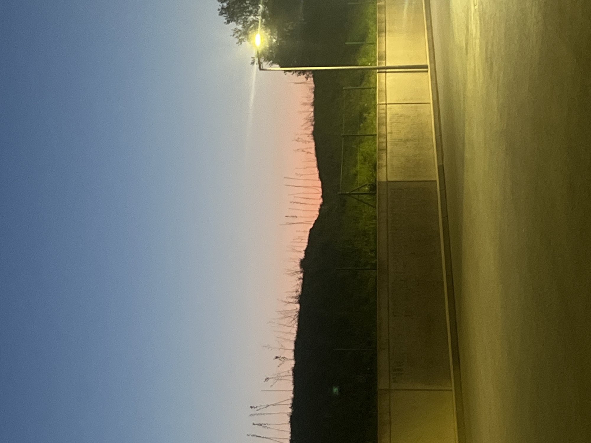 The image shows an outdoor scene in Niederanven, Luxembourg at dusk or dawn. To the left is a blue and pink sky. Adjacent to the sky is a silhouette of a grassy embankment with small trees or bushes, partially illuminated by a street lamp. A sidewalk runs parallel to the embankment, lit by the same lamp. To the right of the sidewalk is a light-colored wall or building facade. There are no people visible in the image.