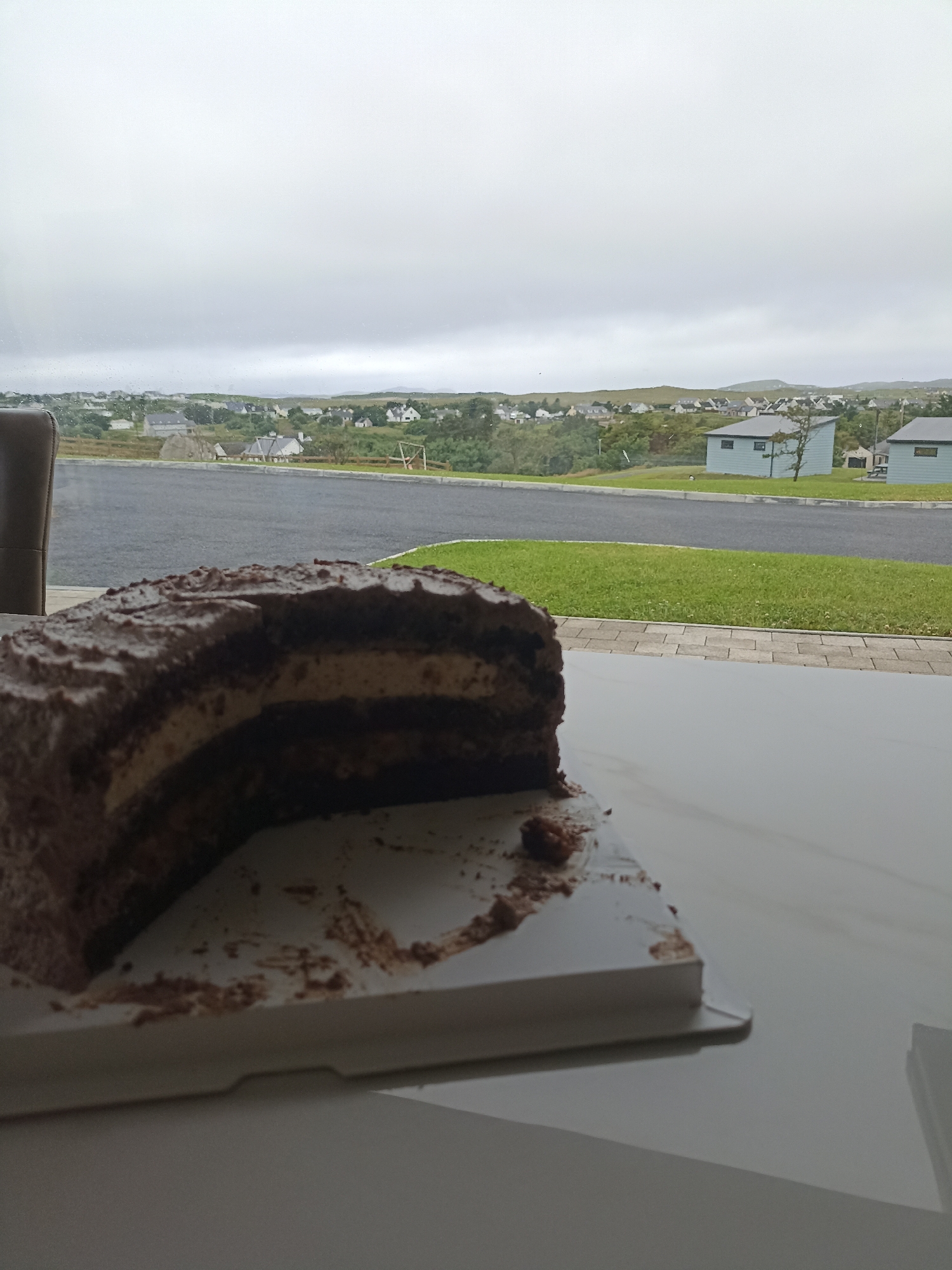 In Doirí Beaga, Ireland, a partially eaten chocolate cake sits on a table in the foreground, with crumbs scattered on its white stand. The cake has multiple layers of dark chocolate cake and lighter colored filling, topped with chocolate frosting. In the background, through a window, a suburban landscape unfolds under a cloudy sky. Several houses with grey roofs are visible amidst green hills and trees. A paved road and a well-maintained grassy area are also part of the outdoor scene.