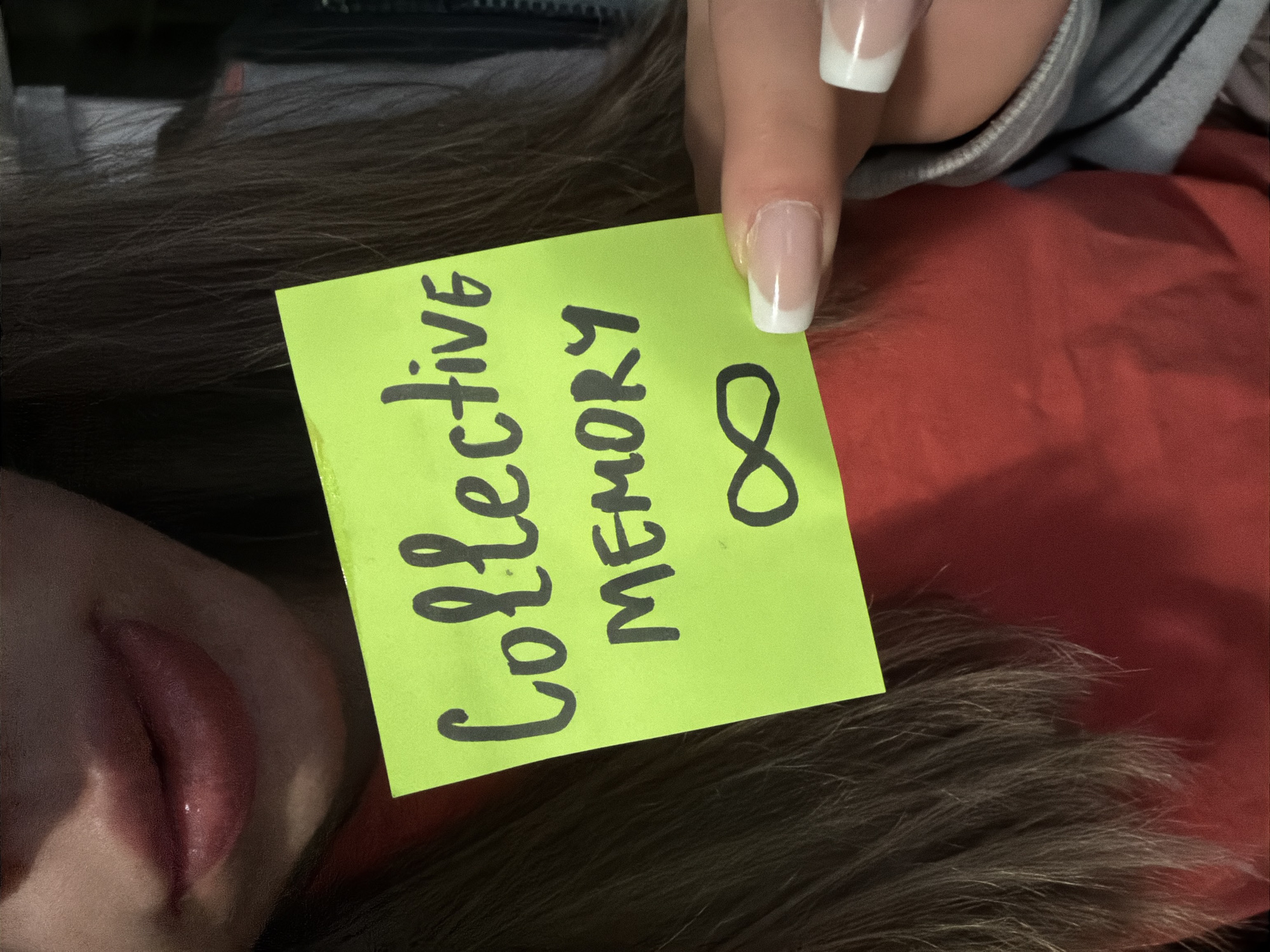 A close-up shot features a person holding a green sticky note with the words "Collective Memory ∞" written on it in black marker. The person's face, including their lips, and a portion of their hand with French-manicured nails are visible. Some brown hair is also visible. The background includes red fabric and part of a gray hoodie. The location in Varna, Bulgaria cannot be determined from the information available in the image.