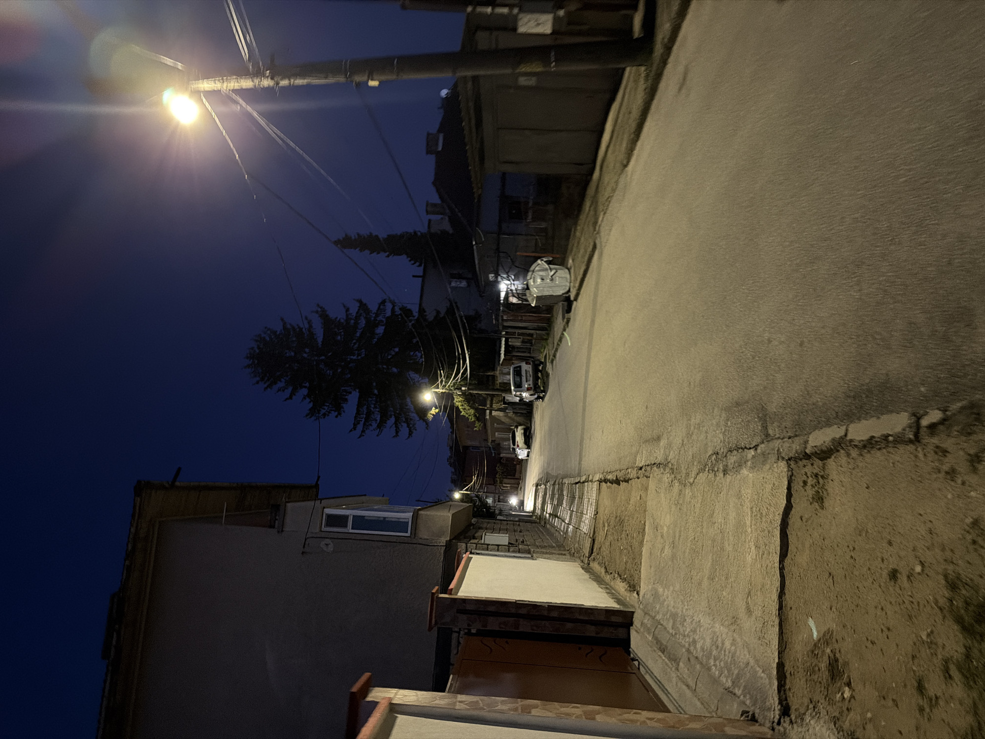 The image depicts a street scene at night in Panagyurishte, Bulgaria. The street is illuminated by overhead streetlights, casting a bright glow on the asphalt road and the adjacent sidewalks. Buildings line either side of the street, appearing dark due to the limited lighting. A large conifer tree is visible along the street, its silhouette stark against the dark sky. Several vehicles are parked along the street. Power lines stretch across the scene, connecting to the buildings. The sky is a deep blue, indicative of nighttime. The overall impression is of a quiet, dimly lit street in a residential area.