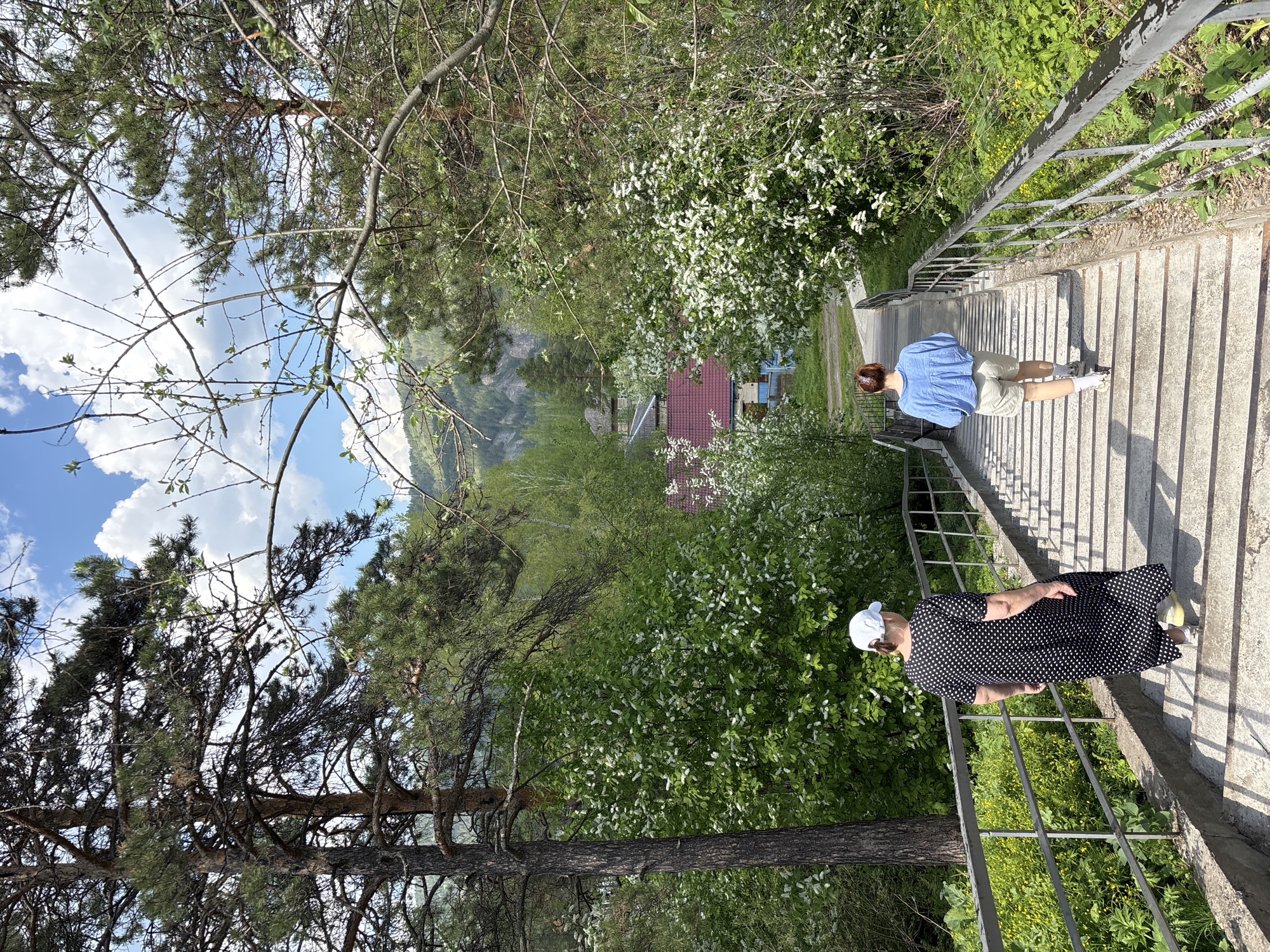 The image shows a downward view of a concrete staircase with metal railings, likely located in a park area in Овсянка, Russia. On the staircase, two women are walking downwards. The woman closest to the viewer is wearing a dark, polka-dotted dress and a white cap. The other woman is wearing a blue shirt and tan shorts. The staircase descends through a densely vegetated area, with various trees and shrubs. In the background, a house with a red roof can be seen nestled among the trees. Further in the background, a mountain is visible under a sky with scattered clouds.
