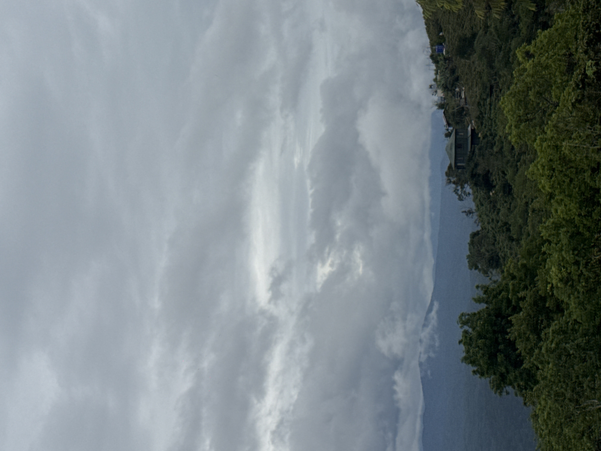 The image depicts a landscape view in Trường Thọ, Vietnam. The sky is heavily overcast with gray and white clouds dominating the upper portion of the frame. On the right side of the image, a hillside covered in lush green trees is visible. There are structures, potentially buildings, situated among the trees further up the hill. The composition includes a mountainous region obscured by haze in the middle distance, situated between the sky and the forested hillside.