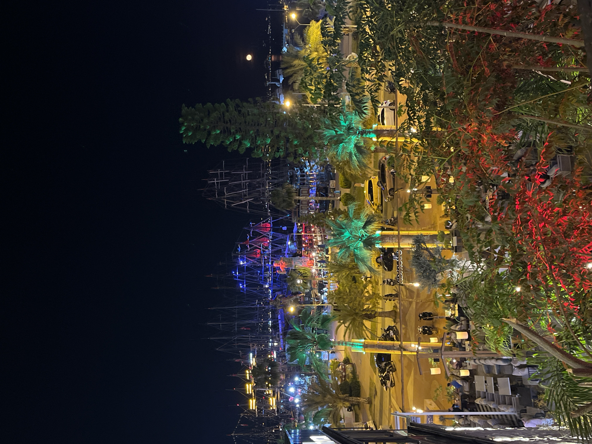 This image presents a vibrant nighttime scene along a coastal promenade, likely in Alanya, Turkey. The view is from an elevated perspective, looking down at a lively waterfront area.
The primary subjects are several large, elaborately decorated boats, resembling pirate ships, docked along the shore. These boats are brightly illuminated with a multitude of colorful lights, predominantly blue, red, and white, highlighting their intricate masts and rigging against the dark sky. Their presence suggests evening cruises or tourist attractions.
Along the promenade, numerous palm trees and other tropical foliage line the pathway. Many of these trees are adorned with artificial lighting, casting green and red hues onto their leaves, enhancing the festive atmosphere. Streetlights emit warm yellow and orange glows, illuminating the ground and surrounding establishments.
To the right, outdoor seating areas with tables and chairs are visible, suggesting restaurants or cafes where people are likely dining or socializing. Parked cars and motorcycles can also be seen along the street. The overall scene conveys a bustling and energetic environment.
In the upper left portion of the image, a distinct, bright moon is visible against the clear, dark night sky. The ample artificial lighting and the clear sky indicate fair weather. The vibrant lights, tropical plants, and prominent boats create an inviting and exciting nocturnal landscape. No discernible text is clearly visible in the image.