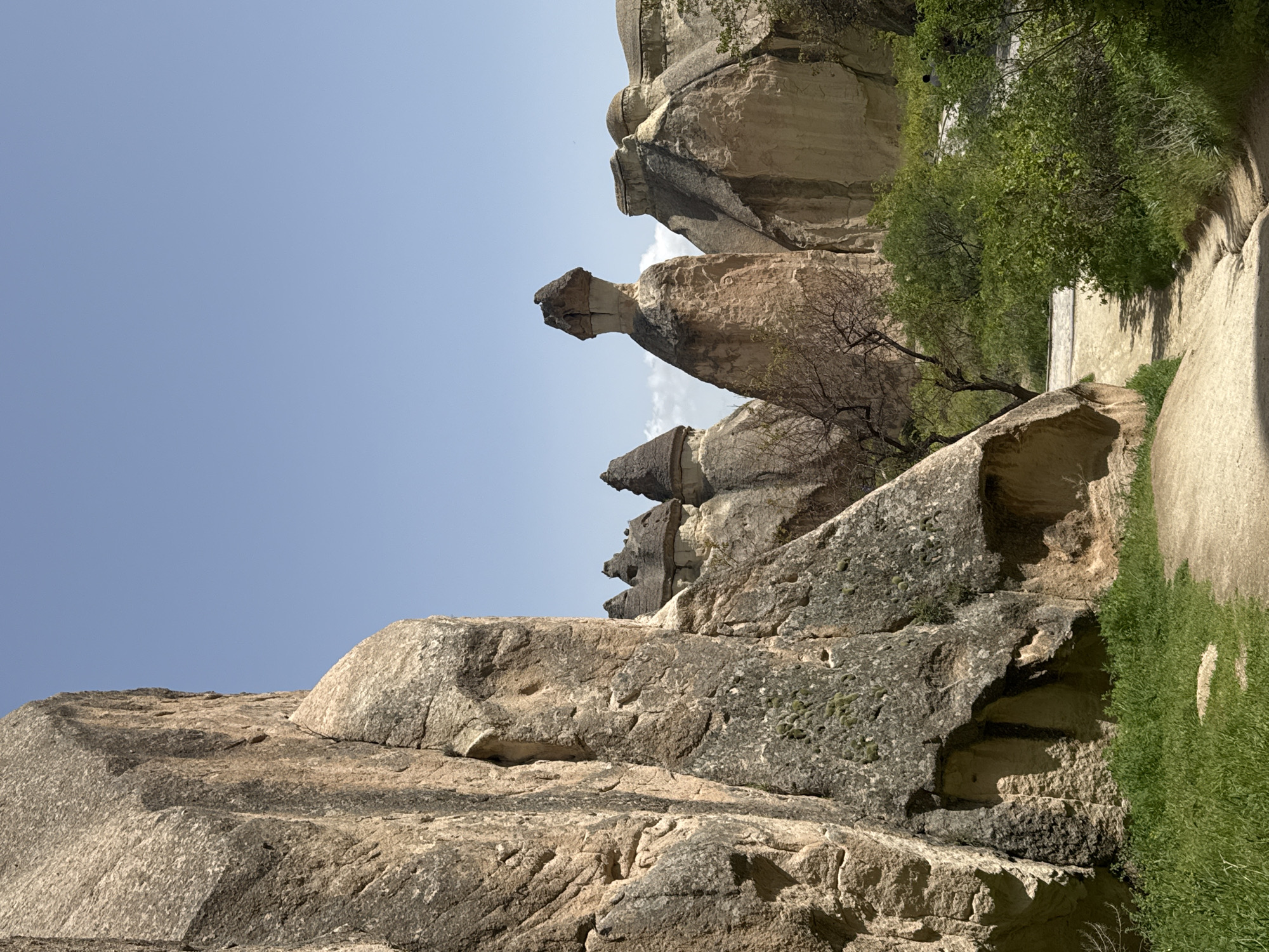 The image shows a landscape with distinctive rock formations in Avanos, Turkey. The rocks are primarily light brown and grey, eroded into unique shapes, including "fairy chimneys". A path runs alongside the rock formations, bordered by green grass and foliage. The sky is clear and blue.