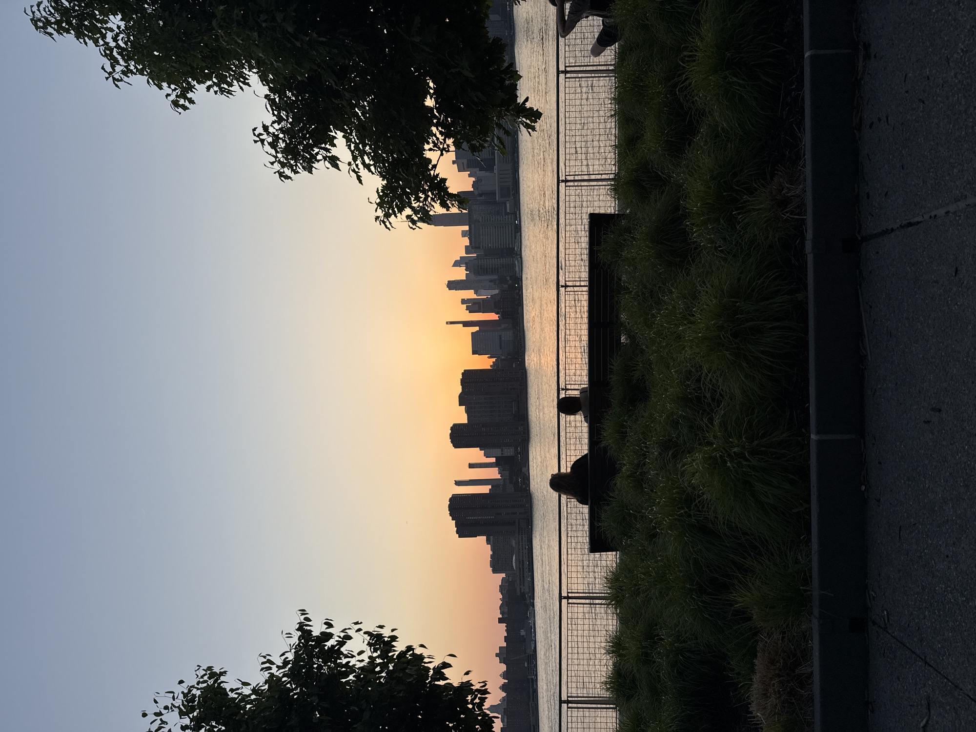 The image shows a cityscape at sunset or sunrise, likely in New York City. The horizon is marked by a dense collection of tall buildings, their silhouettes visible against a gradient sky that shifts from pale blue to warm orange near the horizon. A body of water, presumably the East River, reflects the colors of the sky.
On the right side of the image, there's a public space with a metal fence, greenery resembling ornamental grass, and a paved walkway. Two people are sitting on a bench, their forms silhouetted. Trees frame the image on both sides, their dark foliage contrasting with the bright sky.