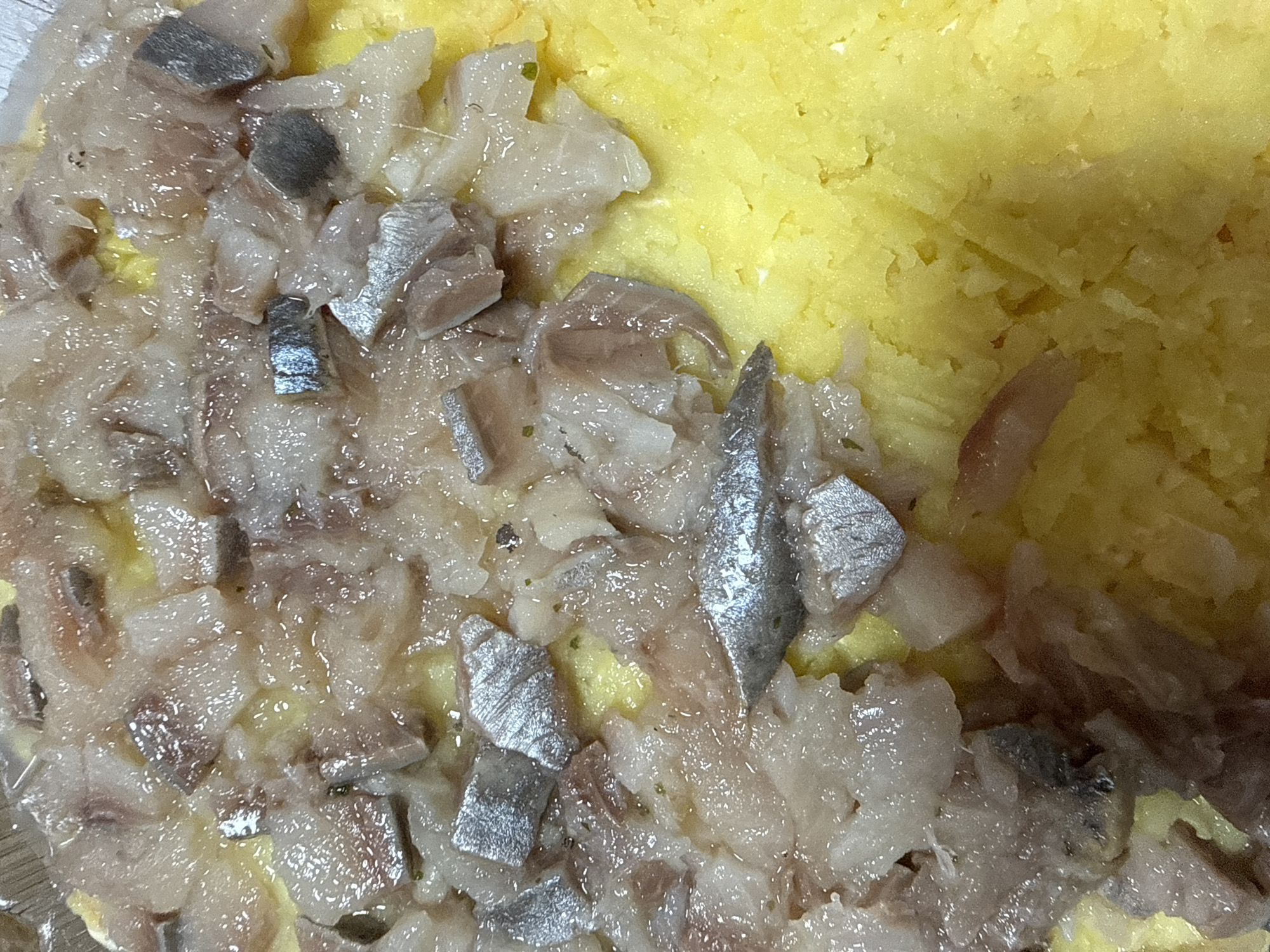 The image shows a close-up view of a food dish. The left side of the dish primarily consists of small, irregularly shaped pieces of what appears to be fish. These pieces exhibit a silvery sheen and are mixed with other translucent, softer-looking pieces. On the right side of the dish, there is a mass of yellow, mashed or shredded material, resembling potatoes or a similar starchy vegetable. The food is not easily identifiable with certainty. The location of the city of Unknown, Unknown cannot be determined from this image.