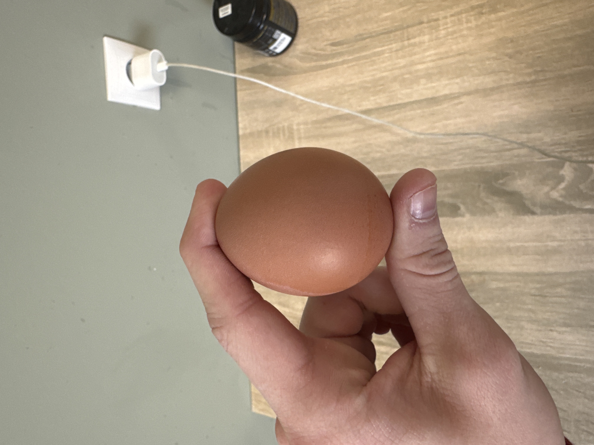A hand holds a brown egg in front of a light wood-grain surface. In the background, partially visible, are a grey wall, a white electrical outlet with a charger plugged in, and a black jar. No information suggests the image was taken in Kazan, Russia.