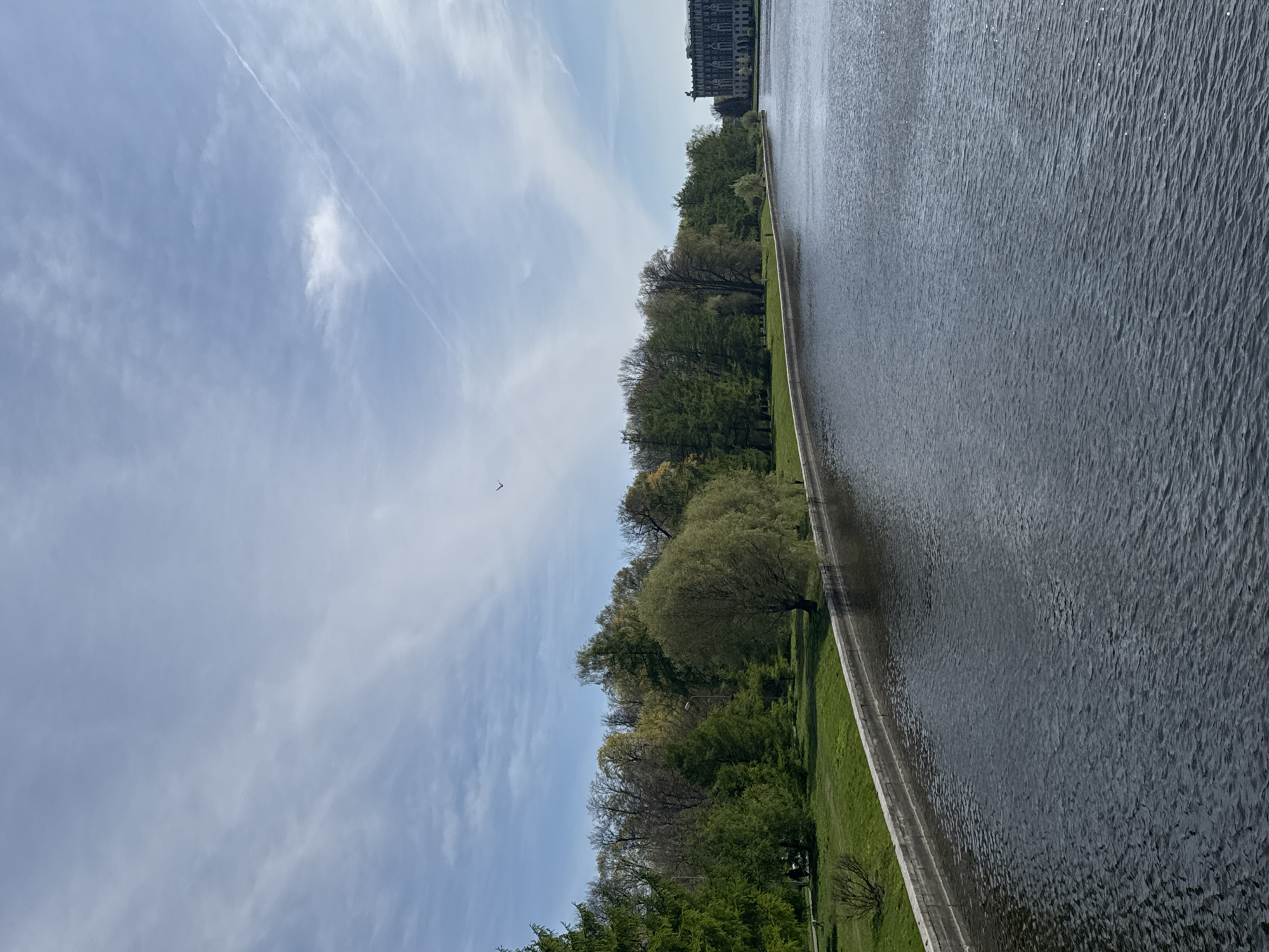 The image depicts a waterfront scene in Saint Petersburg, Russia. A body of water occupies the right side of the image, with a concrete embankment separating the water from a green grassy area. A line of trees borders the grass, transitioning into a park-like setting. In the background, a large building is visible. The sky is partly cloudy, with contrails of an airplane visible. There is a bird flying in the sky.